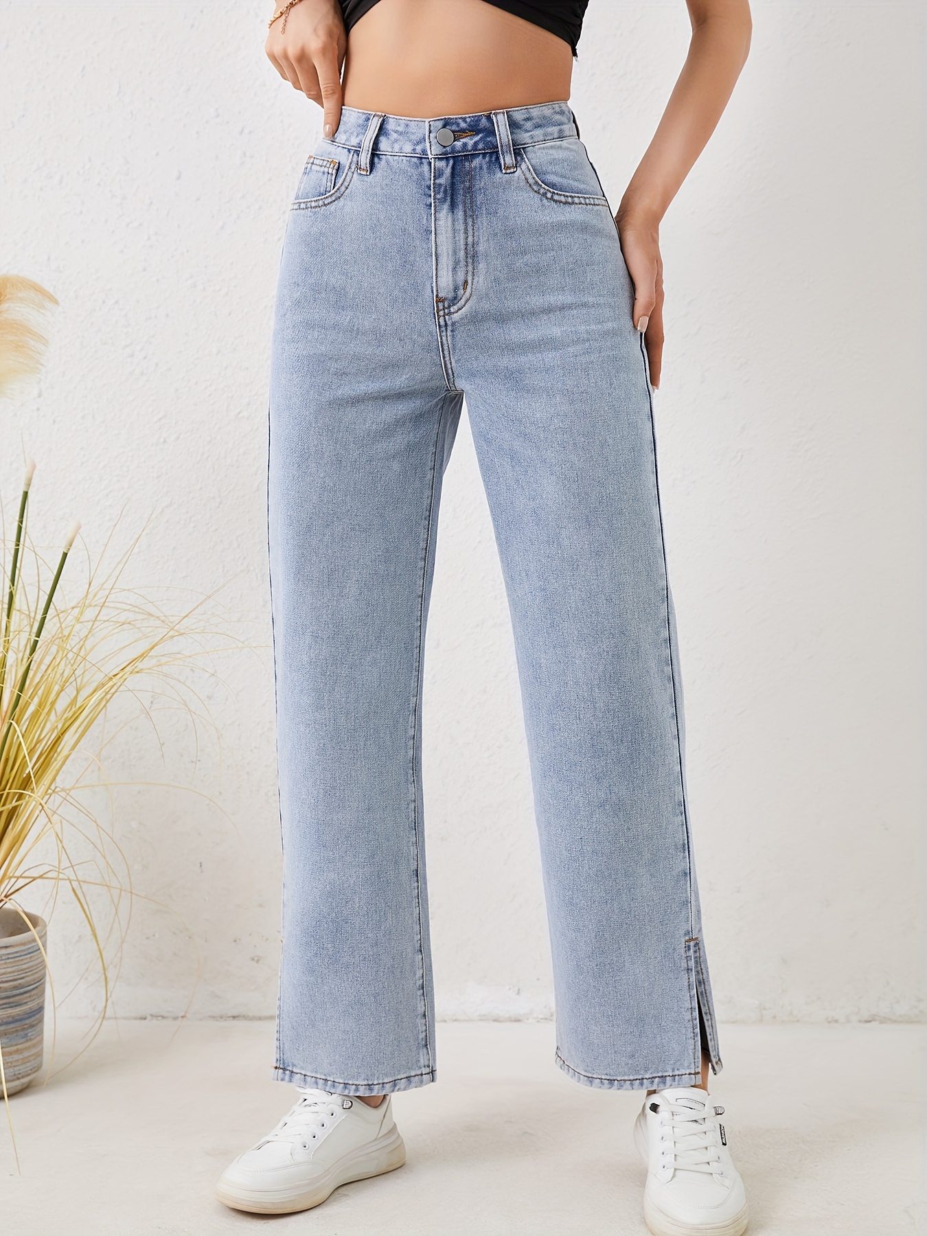 Blue High Waist Straight Jeans Loose Fit Non stretch Split - Temu