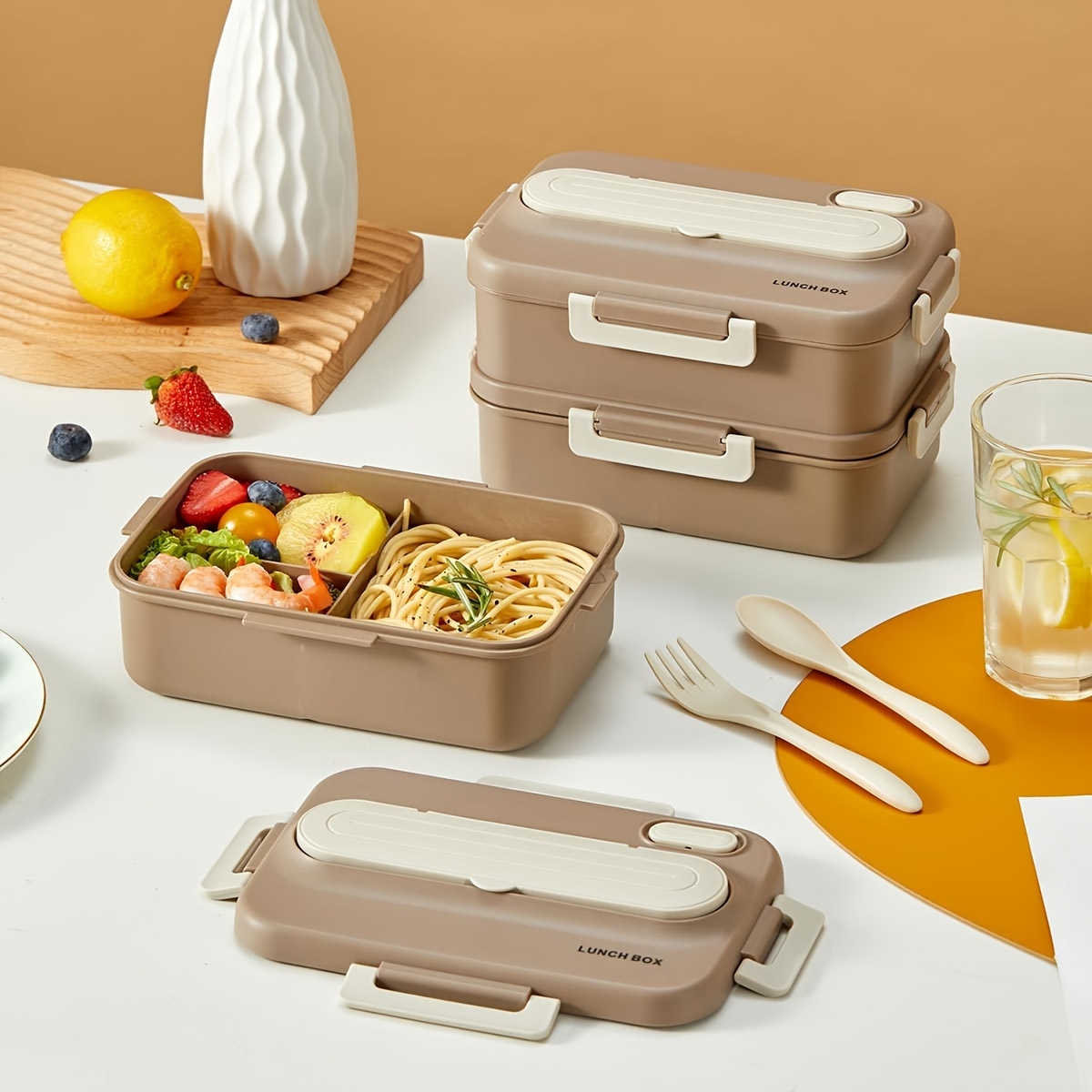 Microwaveable Double-layer Compartment Lunch Box With Fork Spoon,  Fresh-keeping Food Containers - Temu