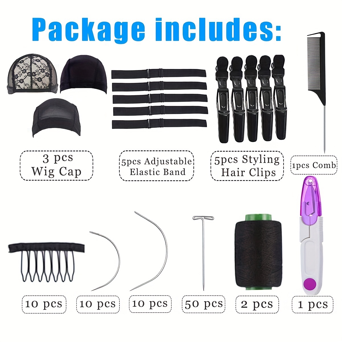 Wig Kit Diy Wig Tools Wig Accessories, Adjustable Elastic Band,wig Making  Pins Needles Set, Dome Mesh Wig , Black Thread Hair Clips Comb And Scissors  - Temu