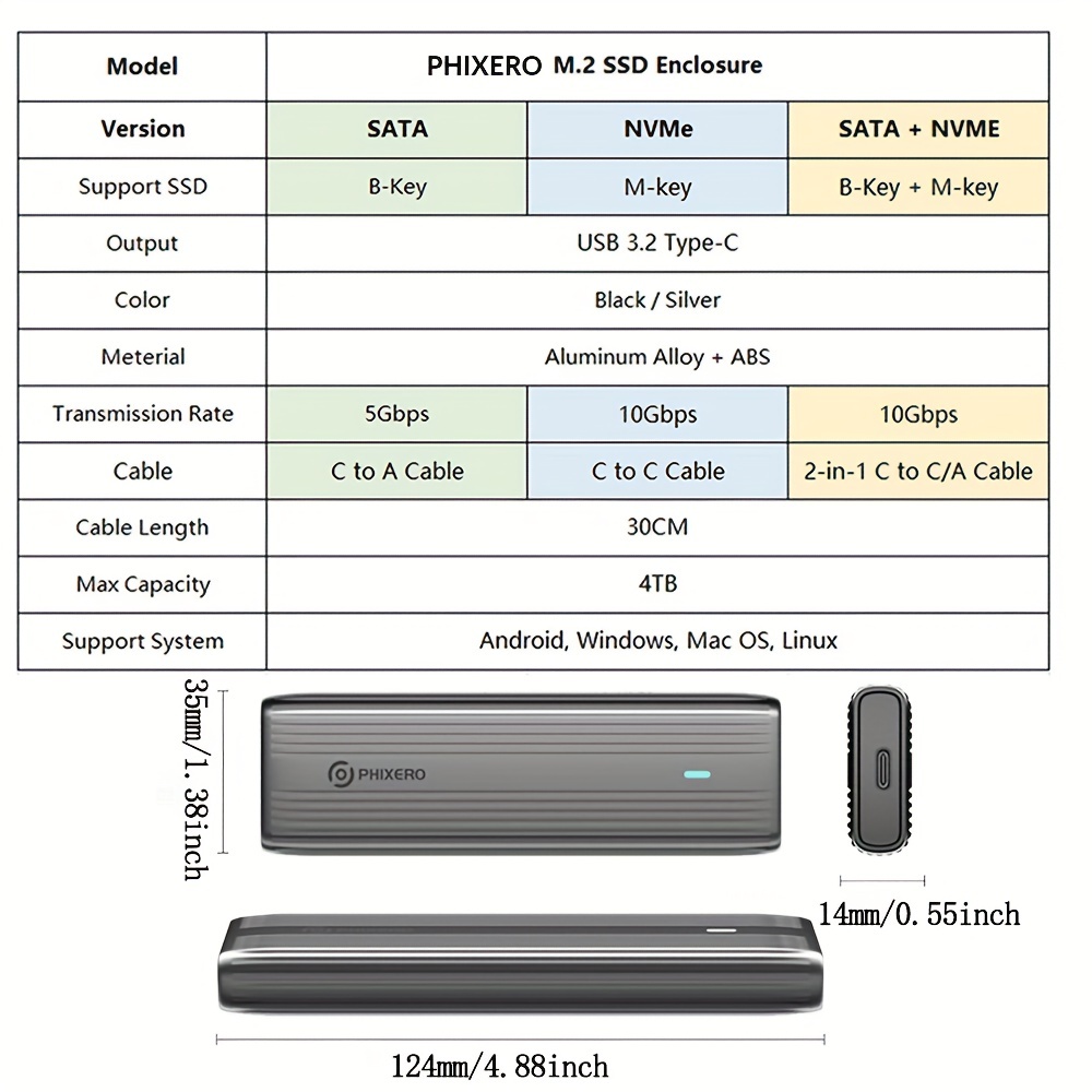 Boîtier de disque dur Amdohai M.2 NVME/SATA Transmission haute vitesse 10  Gbit/s à double protocole avec OTG pour SSD M.2 