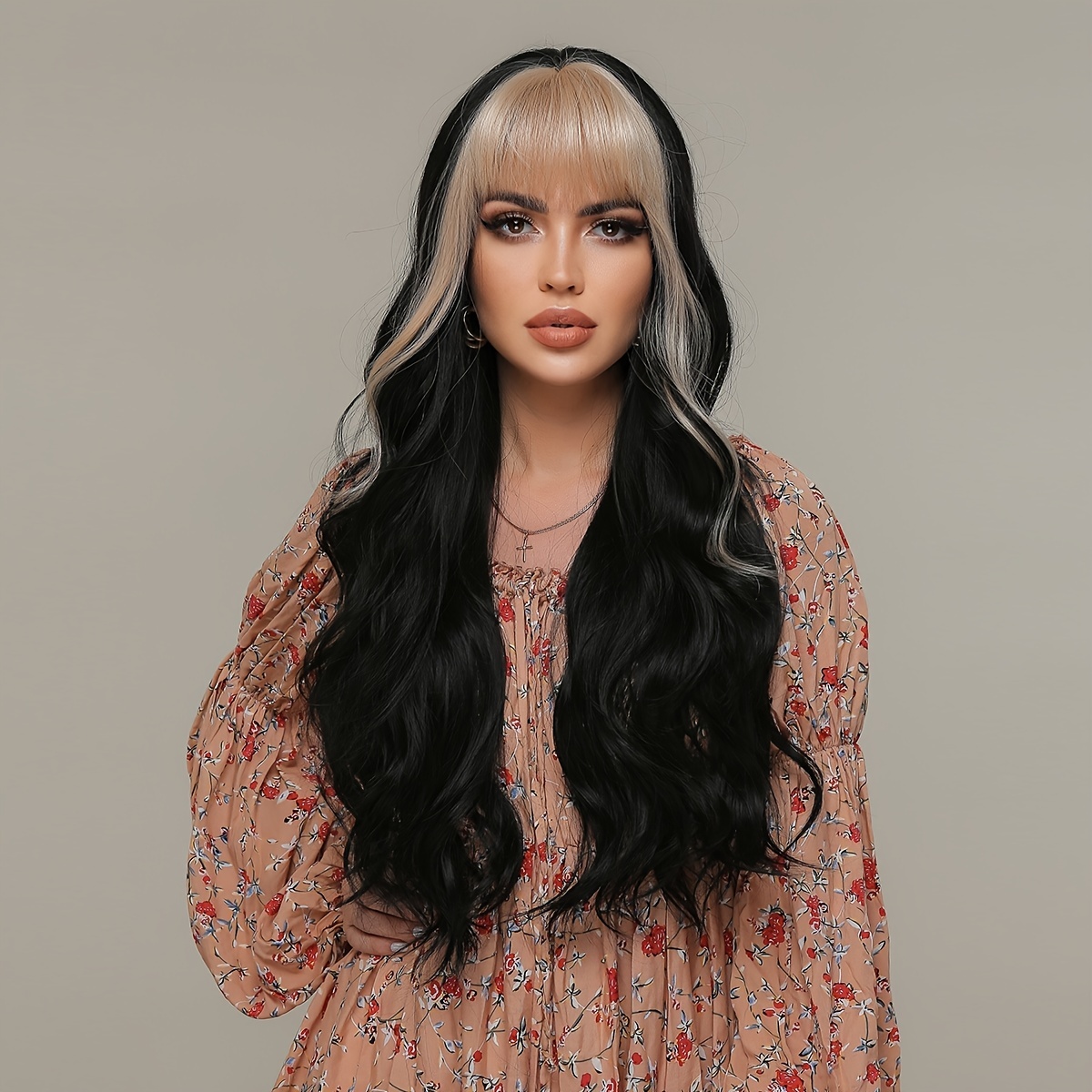 Platinum Black Two Tone Long Wave Synthetic Wig Bangs Women Temu