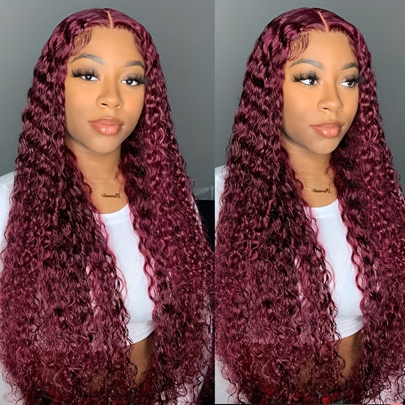 13 4 HD 99j Burgundy Curly Wave Lace Front Wigs Human Hair Burgundy Deep Wave Lace Front Wigs Human Hair 180 Density Red Curly Wig Human Hair Pre Plucked With Baby Hair Human Women 20 34 Inch