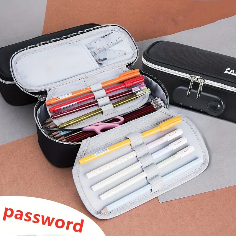 Portable Combination Lock Pencil Case Black Canvas - Temu