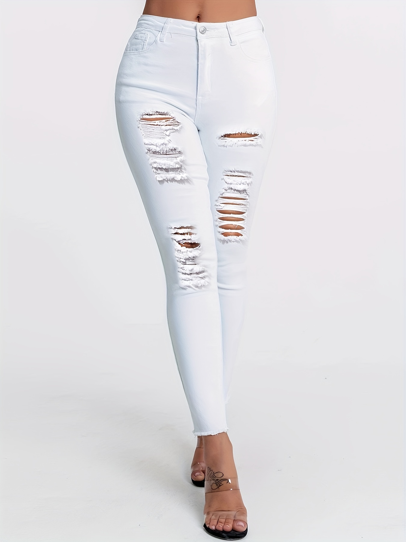 White Slim Fit Ripped Jeans - Free Shipping for New Users - Temu