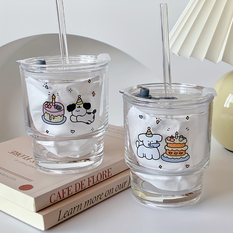  Vaso de vidrio a rayas taza de café con tapa y popote vasos para  beber agua/café helado/té/jugo/leche : Hogar y Cocina