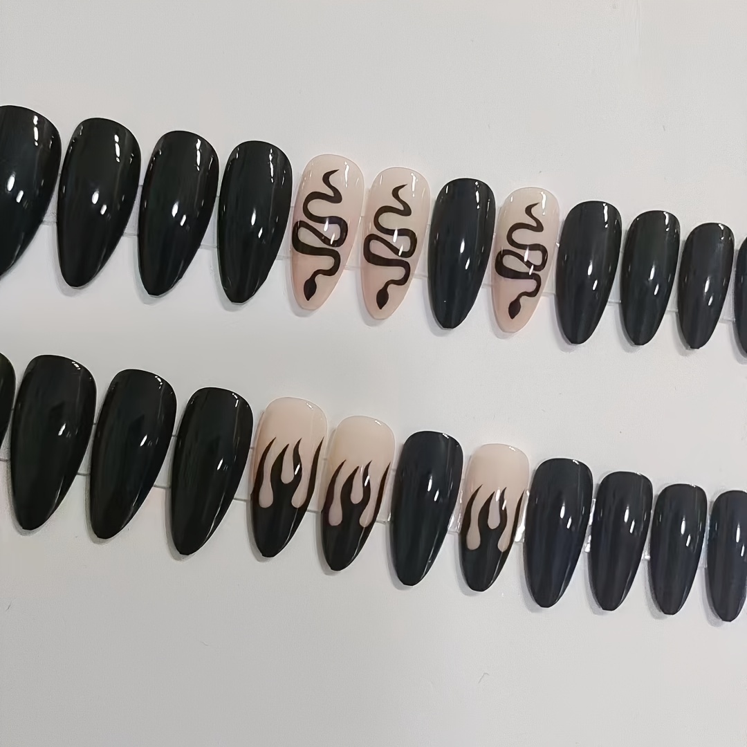 24pcs y2k press on nails ballerina almond fake nails with snake design long length false nails for women girls black red details 9