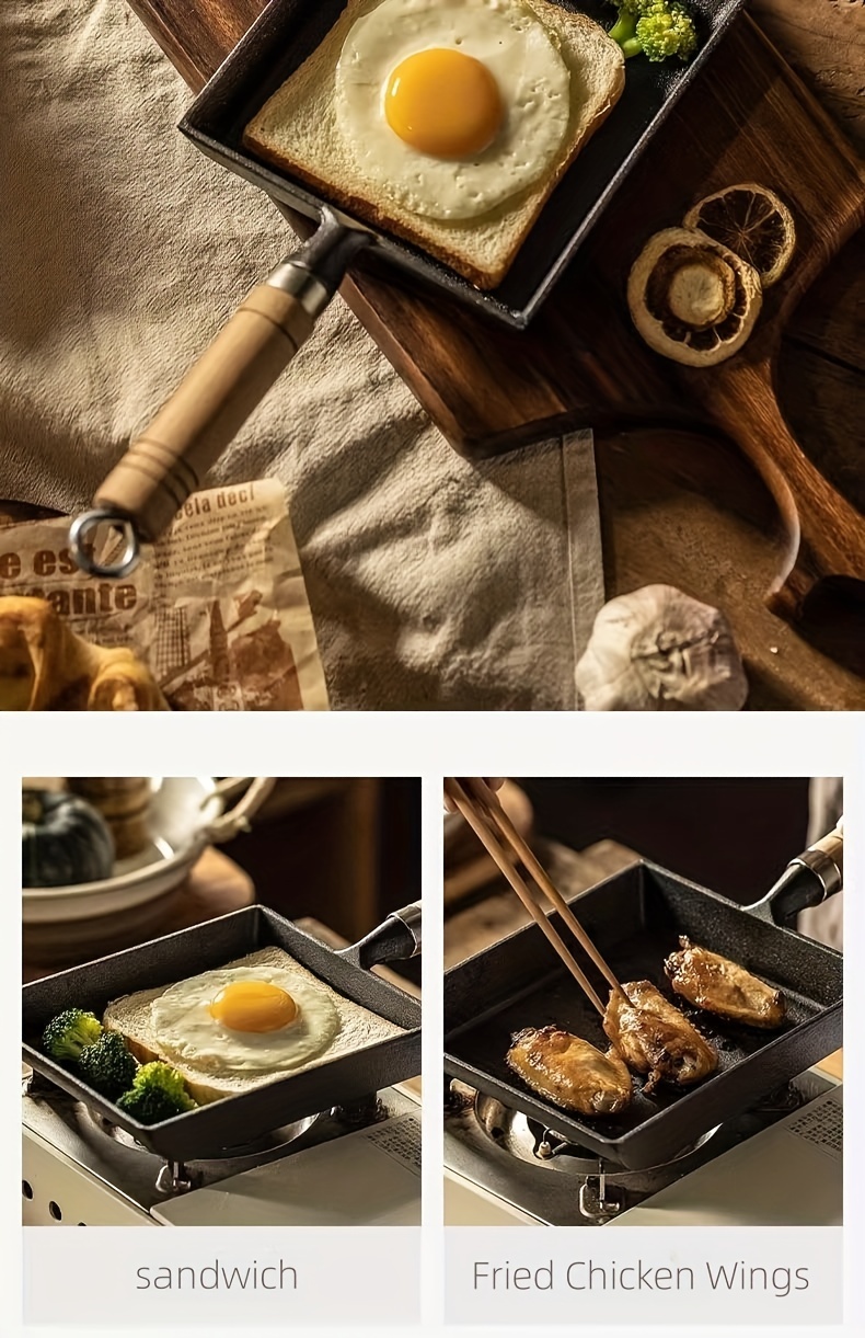 KATA Cast Iron Mini Nonstick Frying Pan Flat Bottom Omelette Pan with  Wooden Handle Portable Pancake Skillet Kitchen Cooking