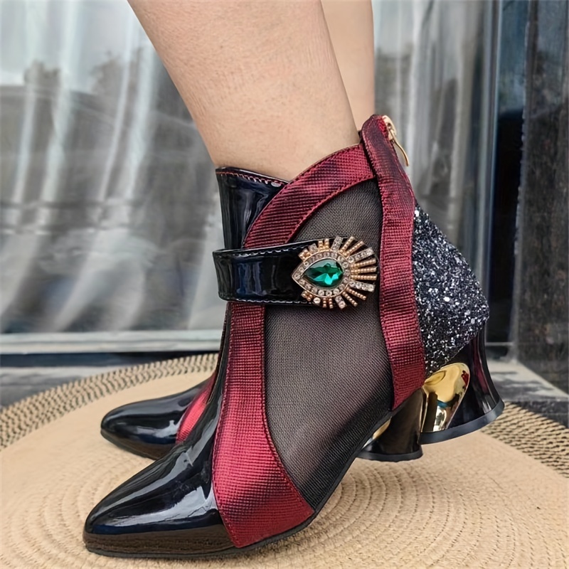 Women's Rhinestone Mesh Ankle Boots French Heel Pointed Toe - Temu