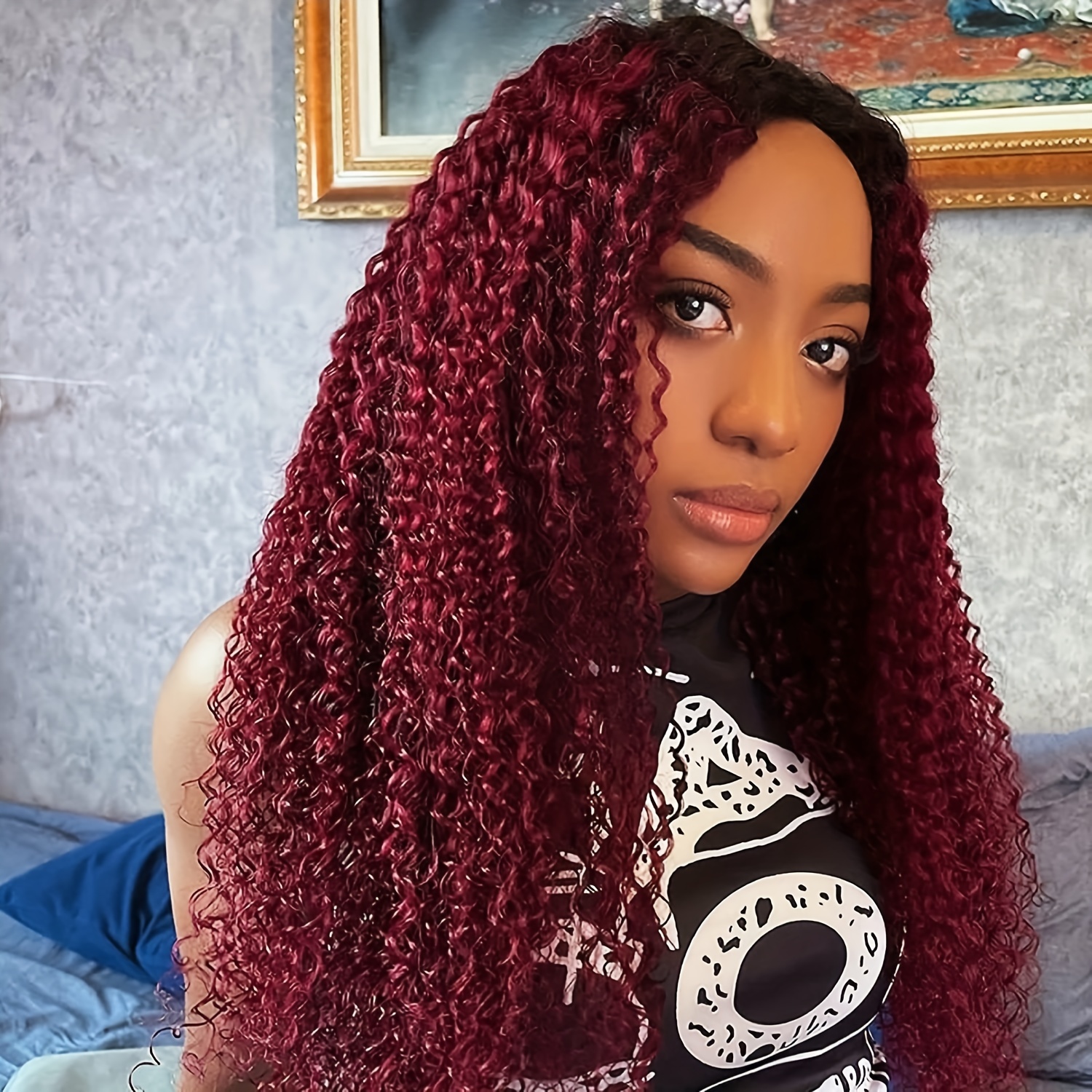 32Inch Burgundy Color Synthetic Lace Front Wig Braided Curly Wigs with Baby  Hair