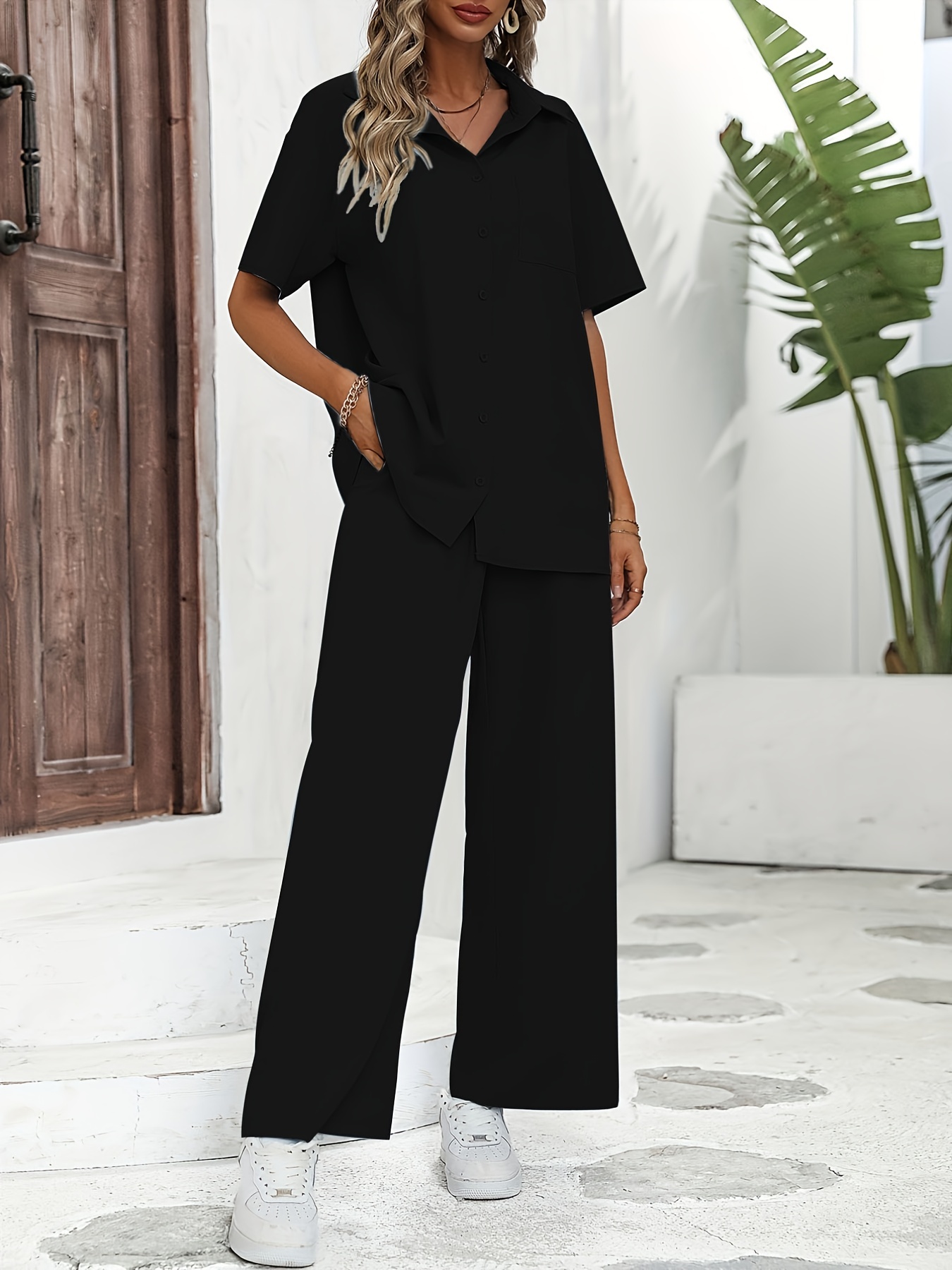 Women's Two Piece Outfits Matching Lounge Set Short Sleeve Cropped Tops  Palazzo Pants Summer Casual Outfits 