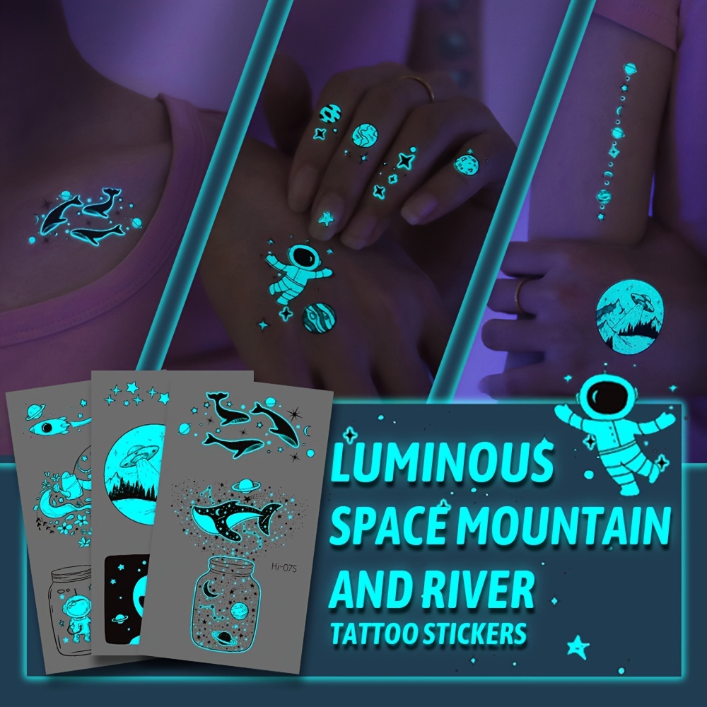 glow in the dark temporary tattoos 16 sheets of blue luminous adventure waterproof stickers for adults featuring mountains rivers wolves whales planets moon stars perfect for music festivals parties details 0