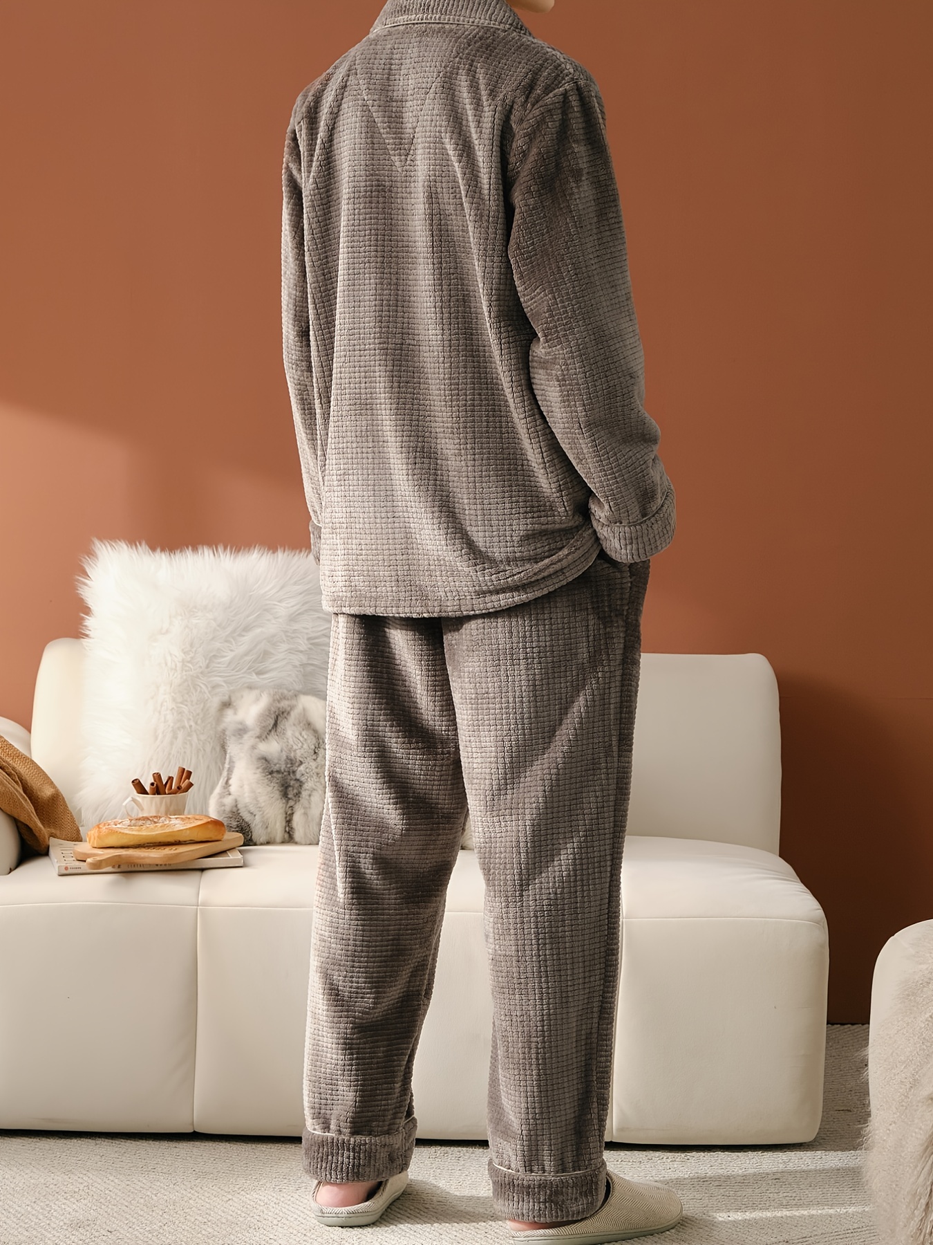 Cómodo pijama invierno manga larga hombre estilo clásico color antracita