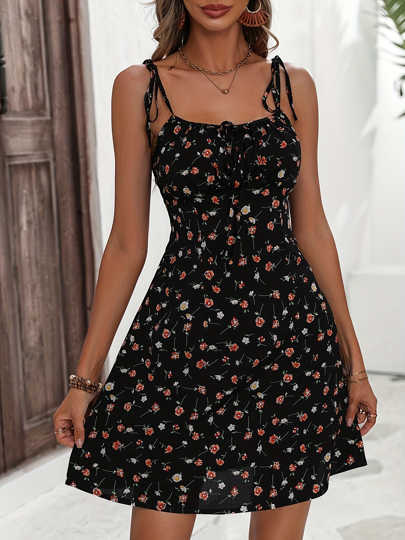 Floerns Women's Summer Floral Cherry Print A Line Short Cami Dress A Black  XS at  Women's Clothing store