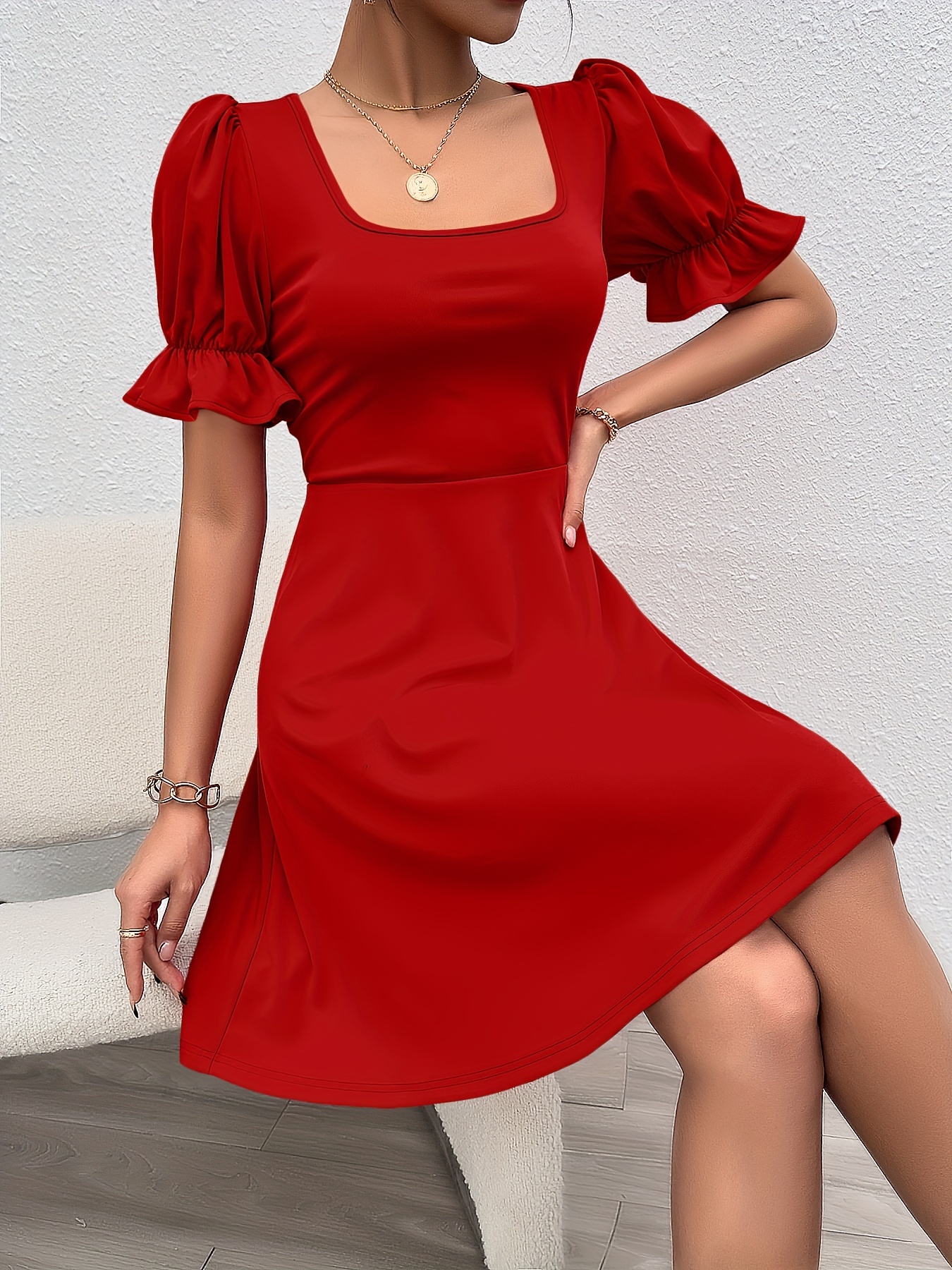 Elegant Party Women Slim V Neck Dress Fashion High Waist Sexy Dress With A  Belt Casual Female Office Lady Solid Red Puff Sleeve