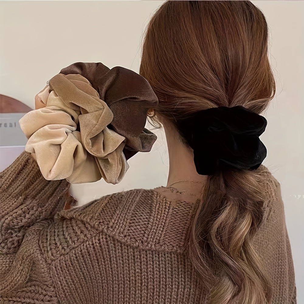 

4pcs Large Velvet Scrunchies, Solid Color Plush Hair Ties For Ponytails, Elegant Retro Style Hair Accessories For Women