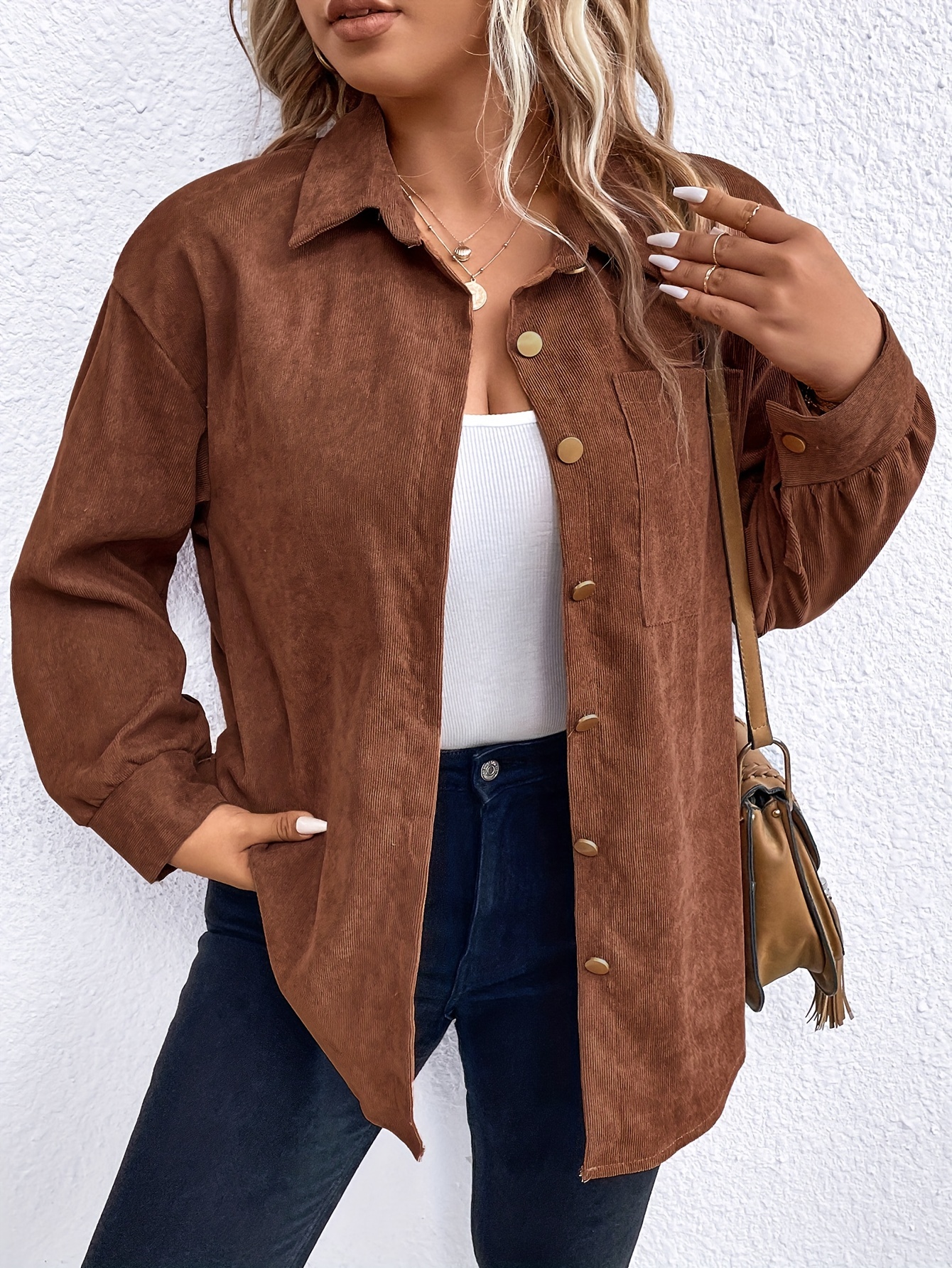 Plus Size Casual Blouse with Solid Corduroy Long Sleeve