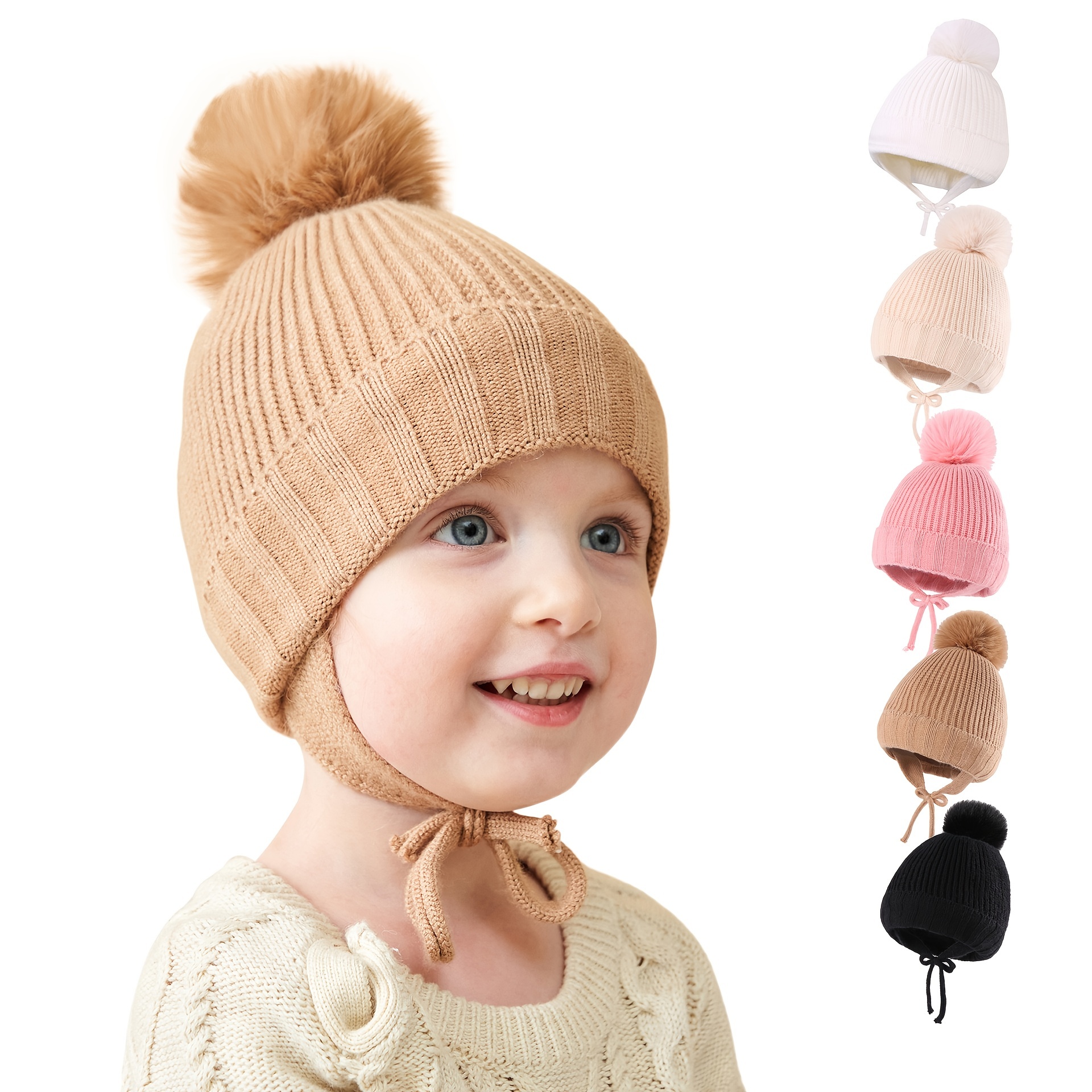1pc Toddler Girls' Knitted Hat With Dual Pom Poms, Winter Warm
