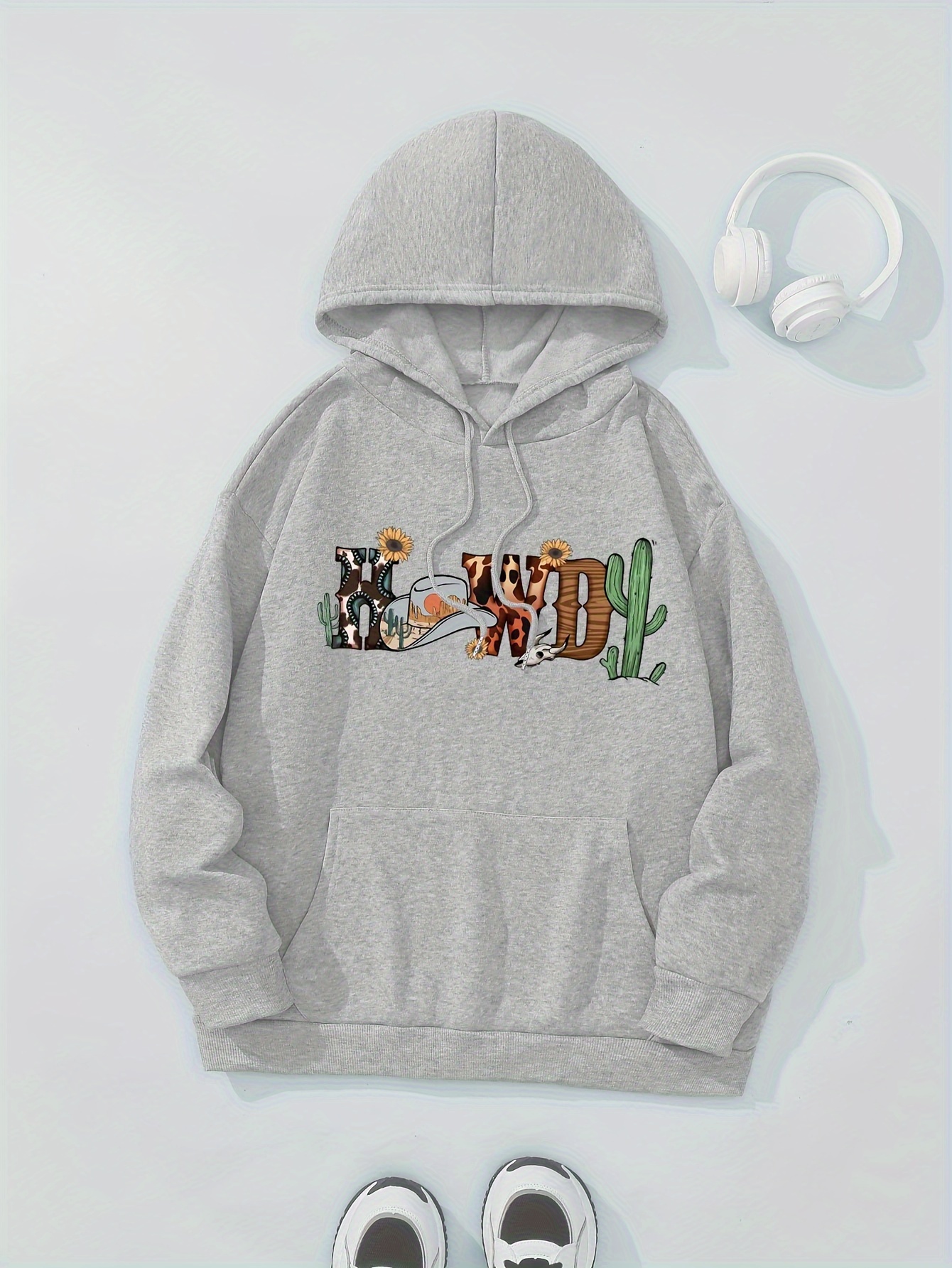 Howdy Print Hoodie, Casual Drawstring Hooded Sweatshirt For Winter & Fall,  Women's Clothing