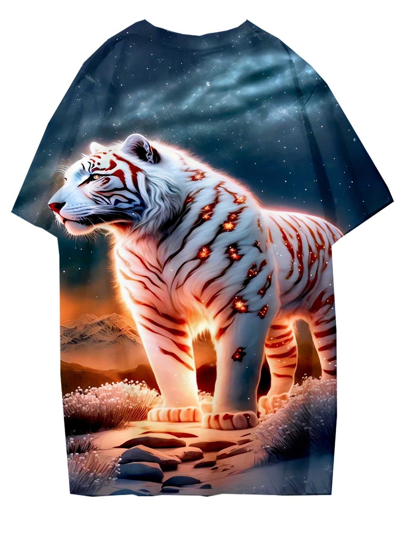 Mens Casual Tiger Graphic Print Round Neck T Shirt Summer