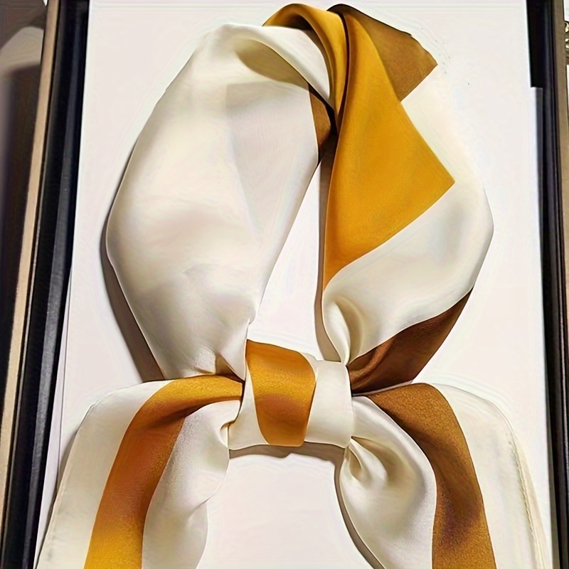 

27.58" Yellow White Color Block Square Scarf, Boho Thin Breathable Satin Small Shawl, Simple Sunscreen Silk Feeling Headscarf For Women