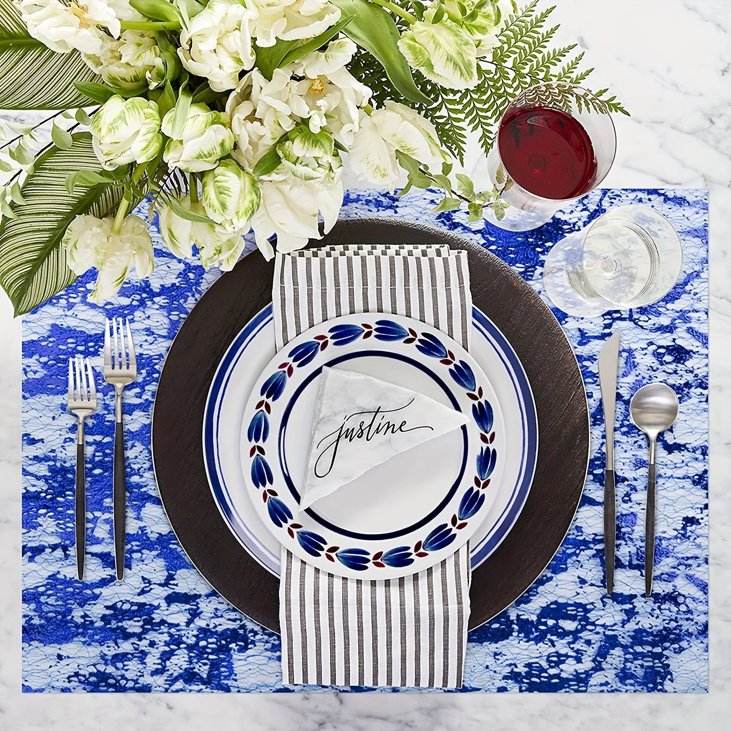 1pc, Royal Blue Table Runner, Glitter Metal Silvery Grid Table Runner Roll, Table Decoration For Wedding, Birthday, Banquet, Christmas, Room Decor, Dining Table Decor