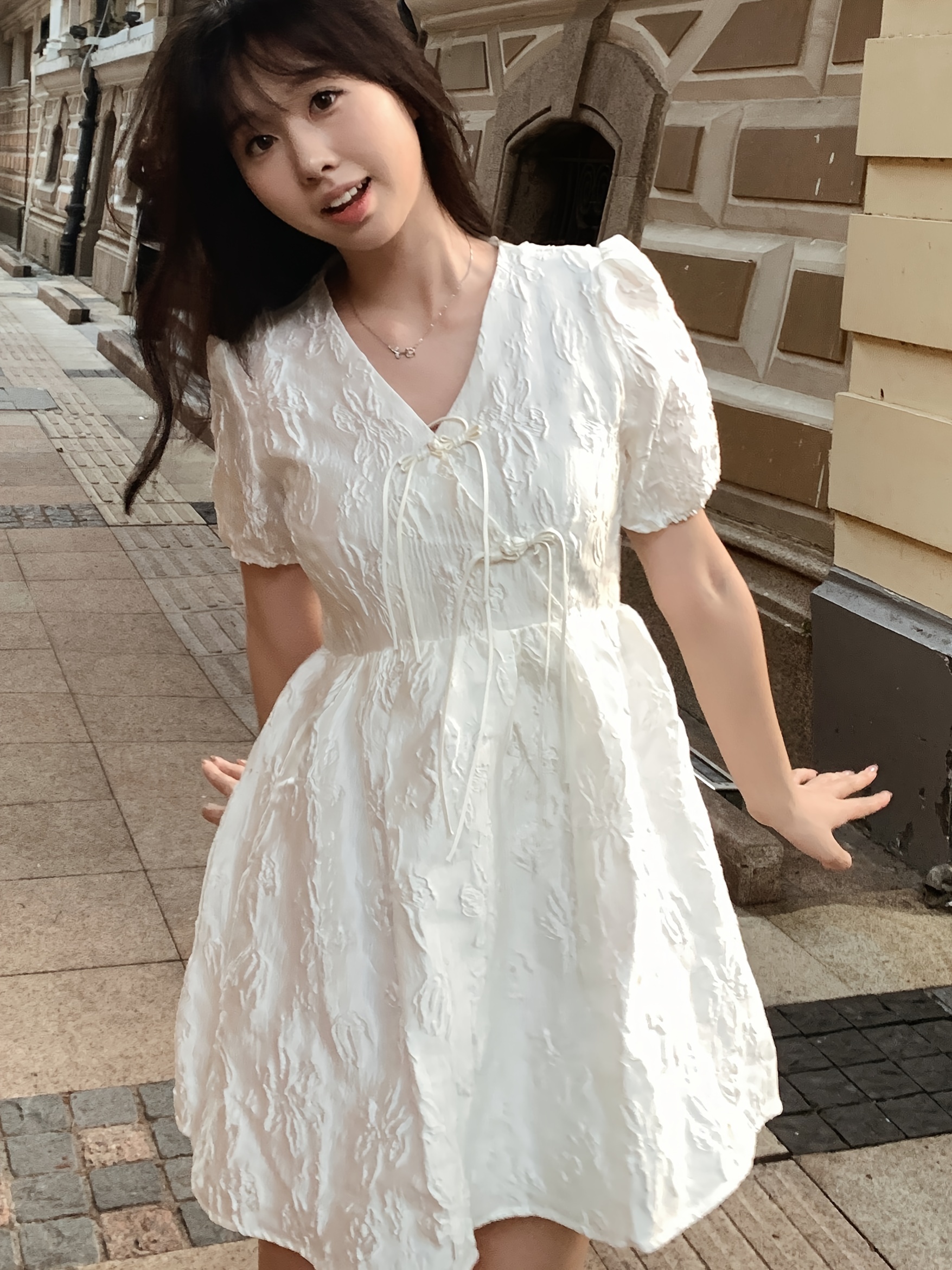 White Jacquard Dresses for Women Classy Summer Short Sleeve Chic