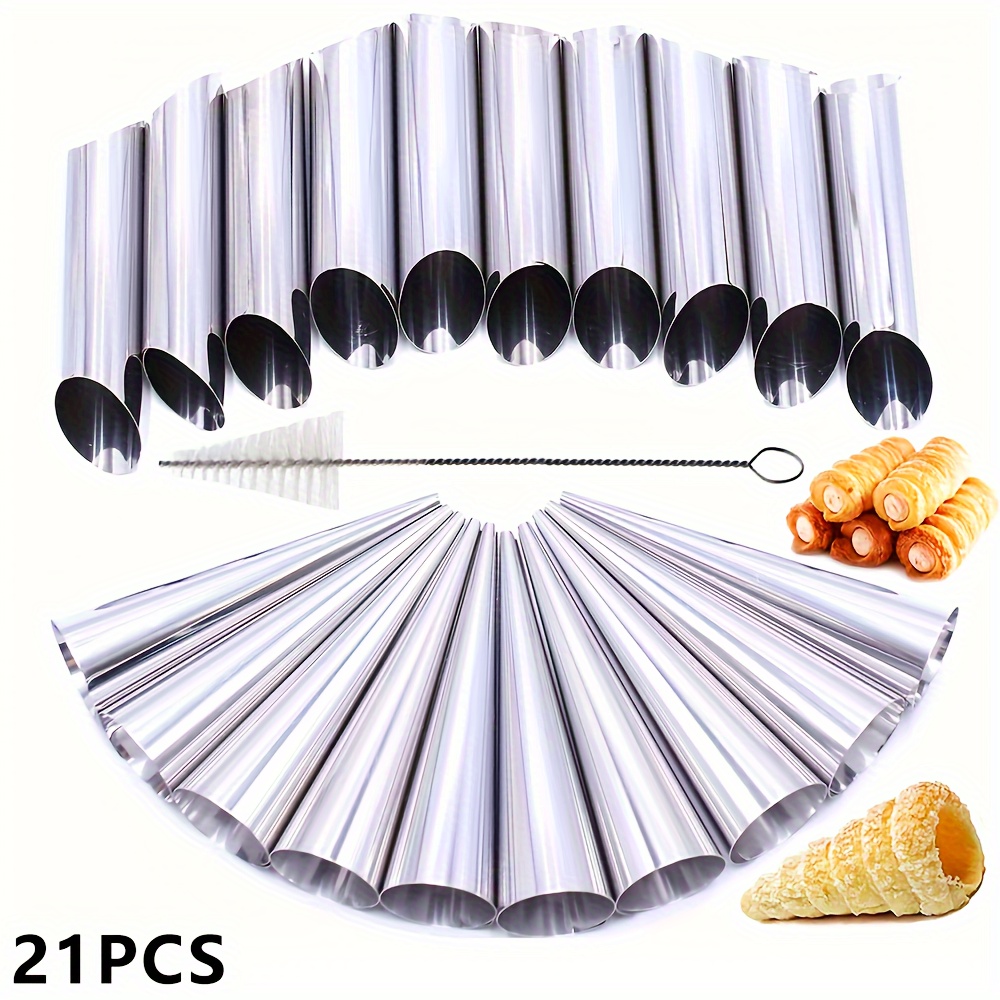 

21pcs, Cream Horn Molds, Moulds Stainless Steel Cannoli Form Tubes Cream Roll Mold Screw Croissant Mold Cone Tubular Shaped Mold For Cannoli Tubes Croissant Baking Forms Mould With Cleaning Brush