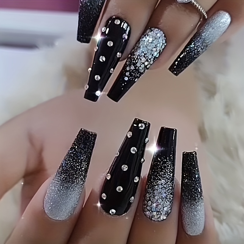 24pcs Black Gradient Fake Nails, Glitter Sequin Press On Nails With  Rhinestone Design, Glossy Full Cover Long Coffin Ballet False Nails For  Women And