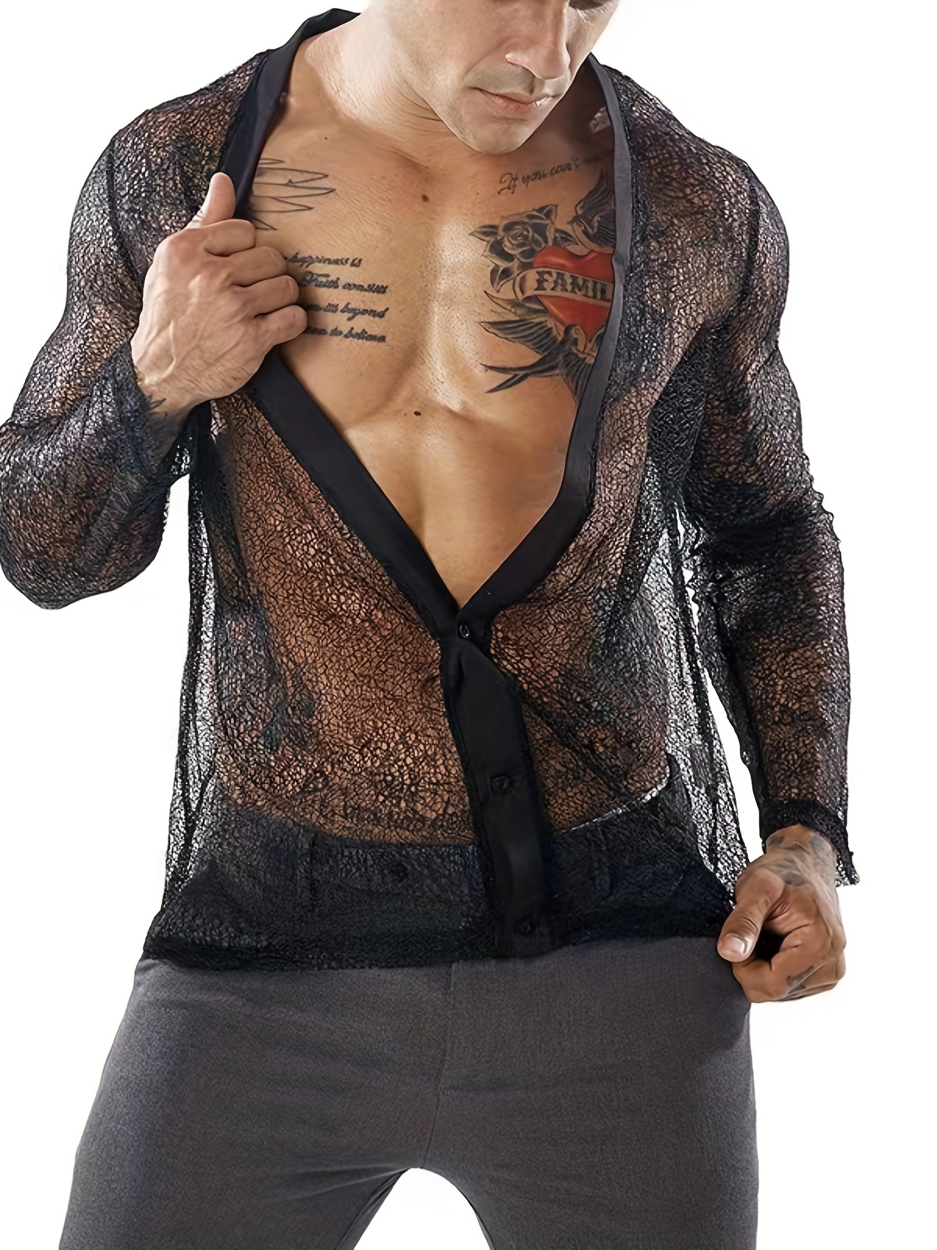 Men's Fishnet Sheer Shirt Tops Long Sleeve Round Neck Tee Shirt See Through  Pullover Tops