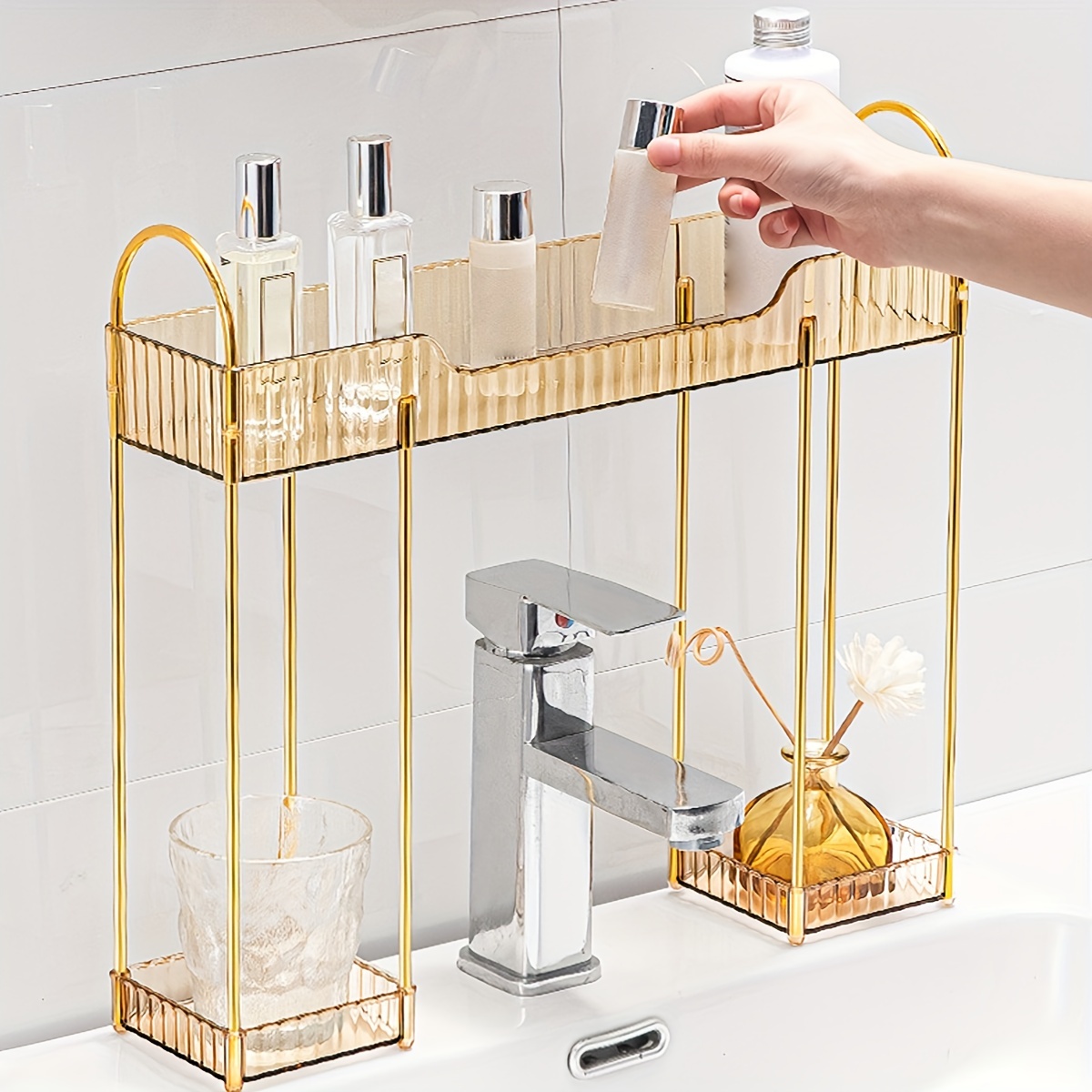 1pc Gold Bathroom Faucet Storage Shelf For Toiletries And Hand