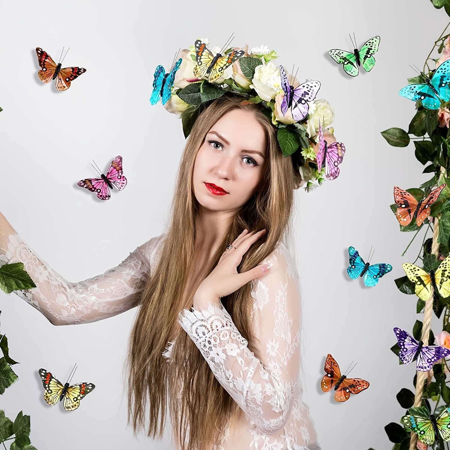 Ysleen Juego de 12 decoraciones de mariposa monarca, mariposas de plumas,  mariposas para arreglos florales de primavera, mariposa en alambre para
