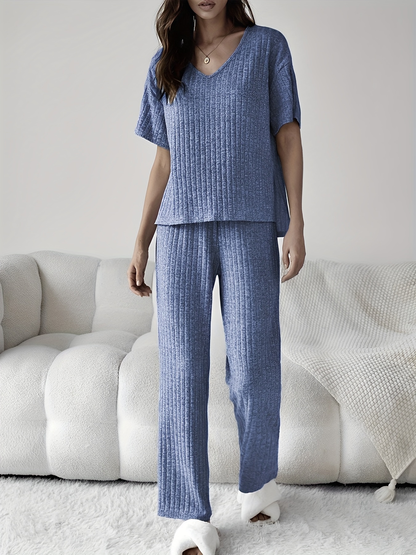 Ribbed Lounge Set Short Sleeve Top & Pants Women's Loungewear