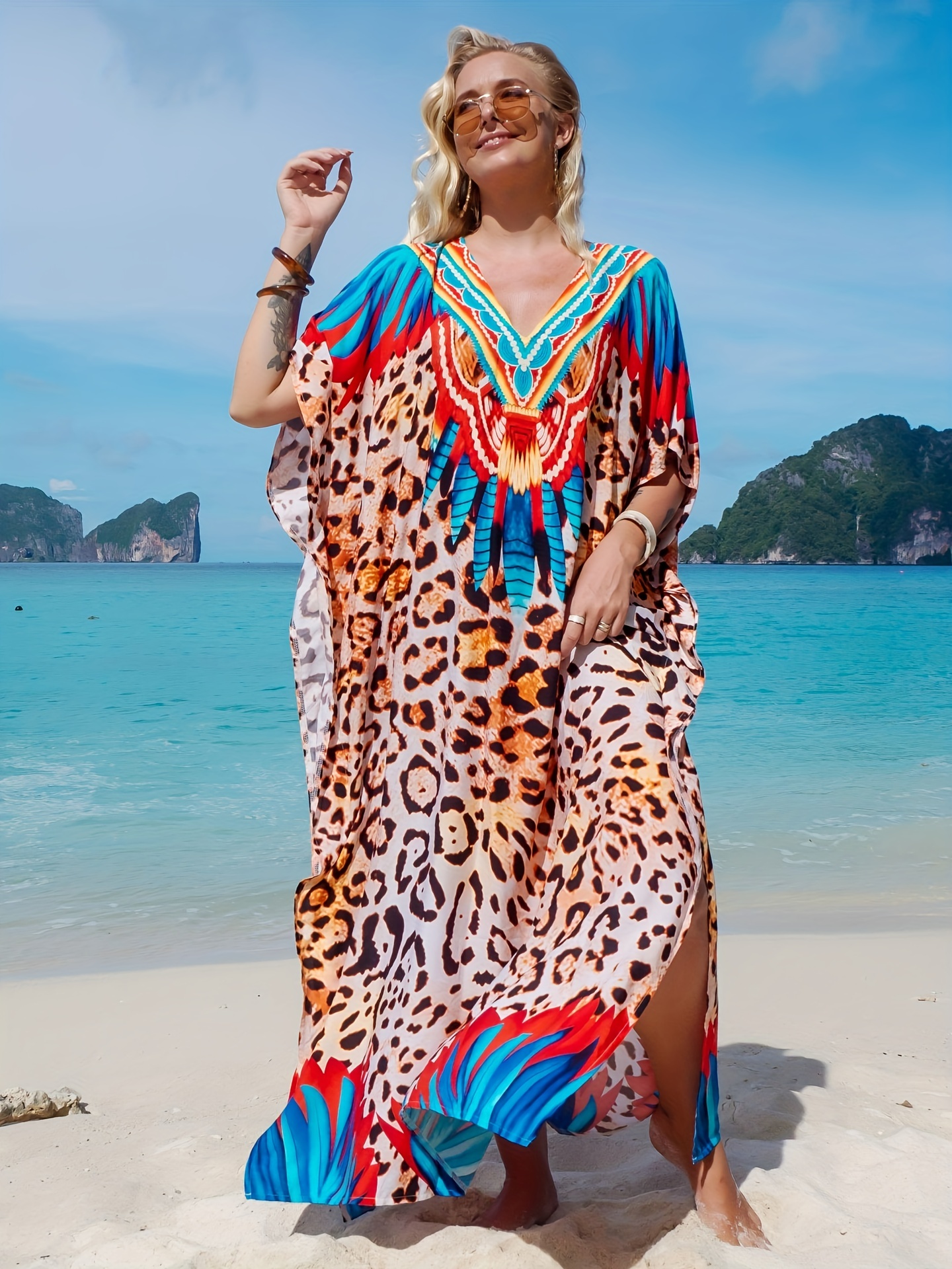 Boho Plus Allover Print Batwing Sleeve Cover Up Dress