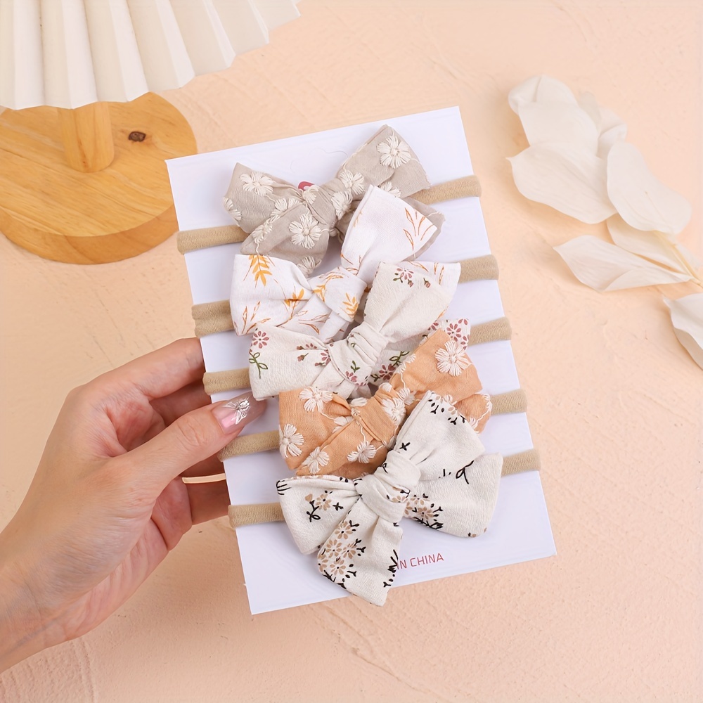 5pcs Of Fabric Embroidery Print Bow Nylon Hair Ties