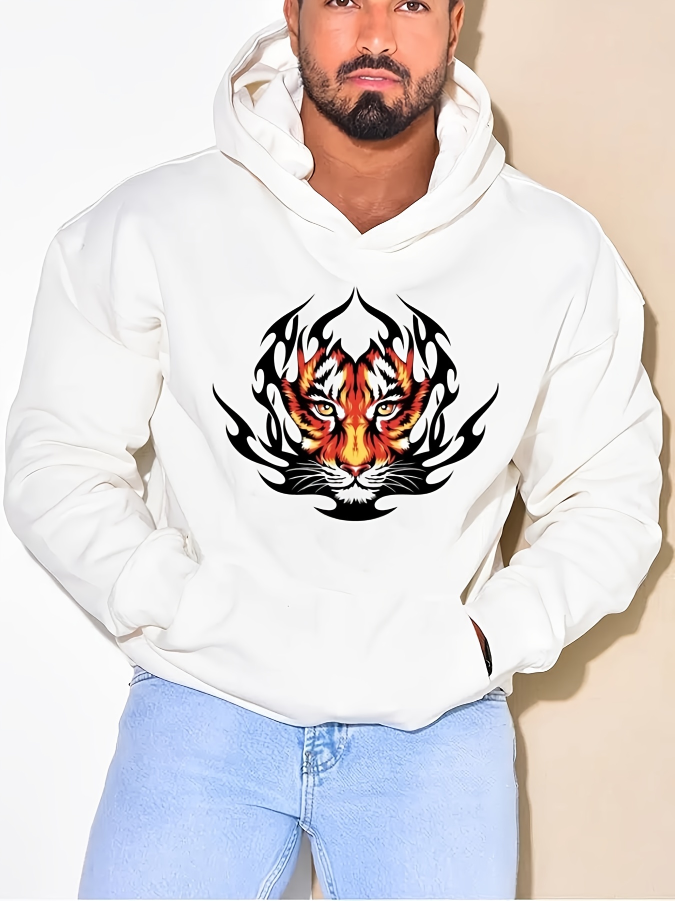 Plus Size Men's Tiger Print Hoodie, Winter Drawstring Hooded Sweatshirt For Big And Tall Guys
