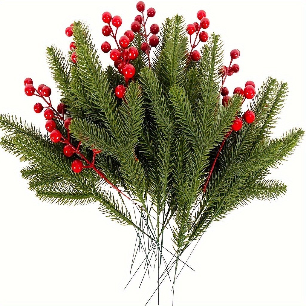 Christmas Flocking Tree Picks and Sprays, 2Pcs 16 Inch Artificial Pine  Branches With Red Berries Frosted Snow Fake Greenery Berry Stem for Winter