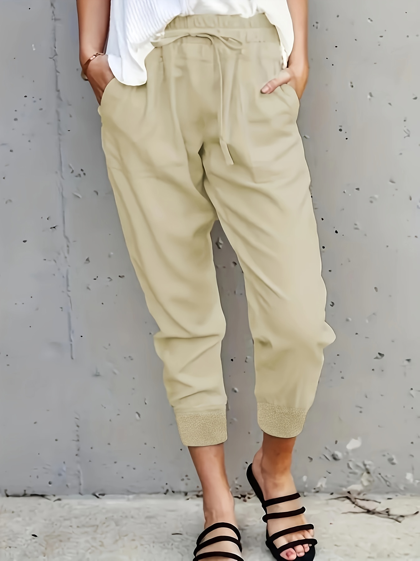 Minimalist Solid Drawstring Pants Casual Long Length Elastic - Temu Canada