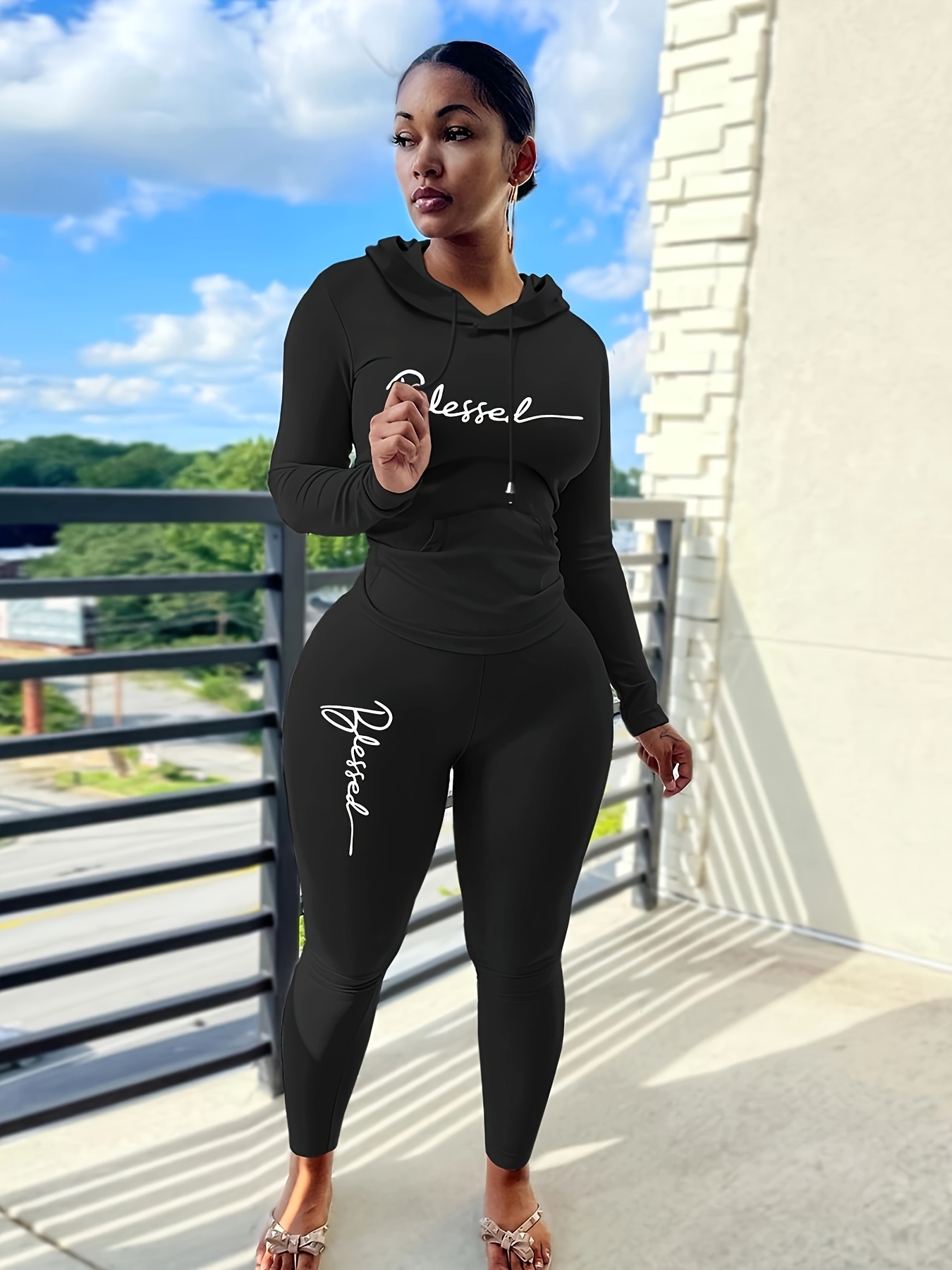 Athleisure Letter Print Two piece Set Kangaroo Pocket - Temu