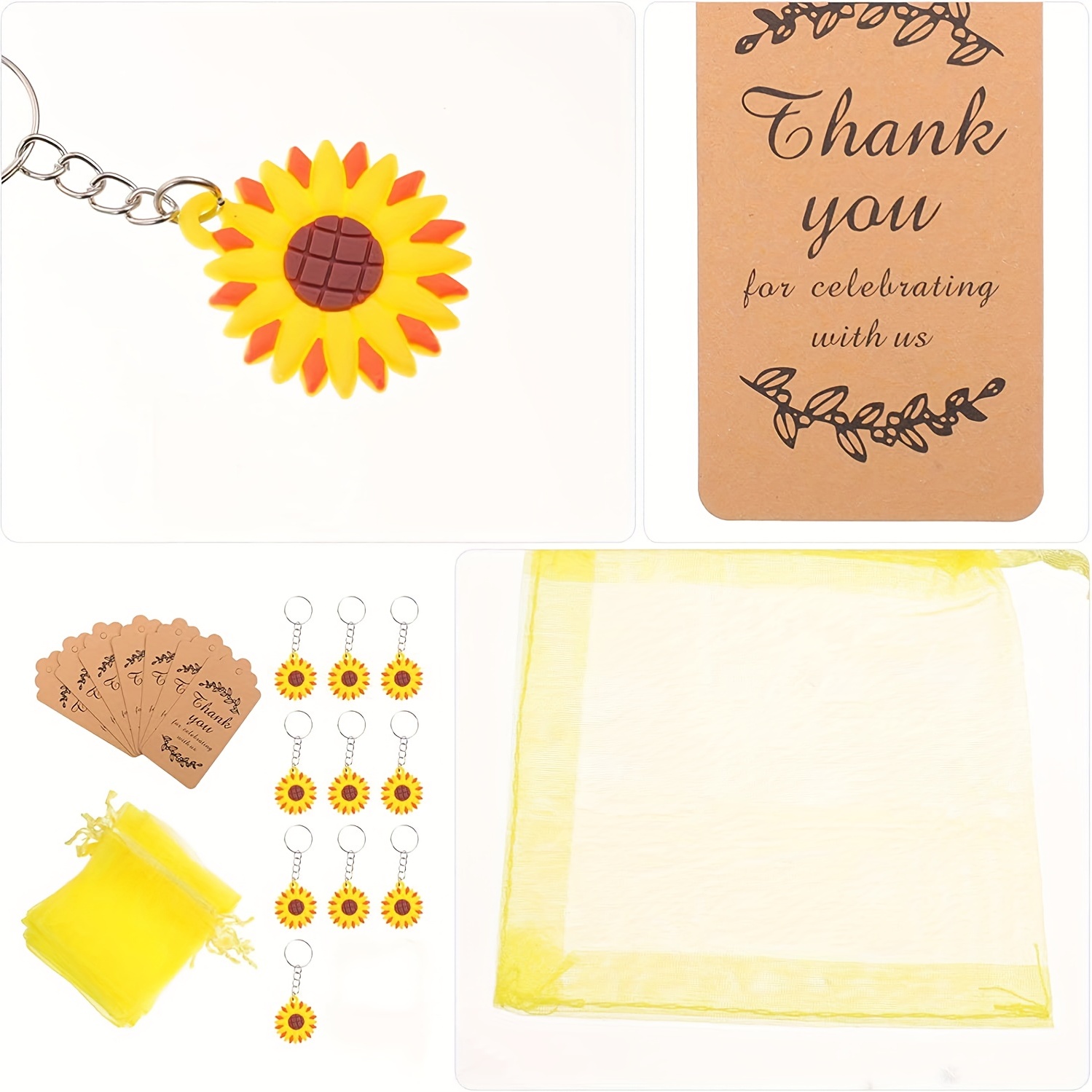 12 llaveros con diseño de flores de sol de verano con etiquetas de  agradecimiento Kraft y bolsas de regalo blancas para niños suministros de  fiesta de