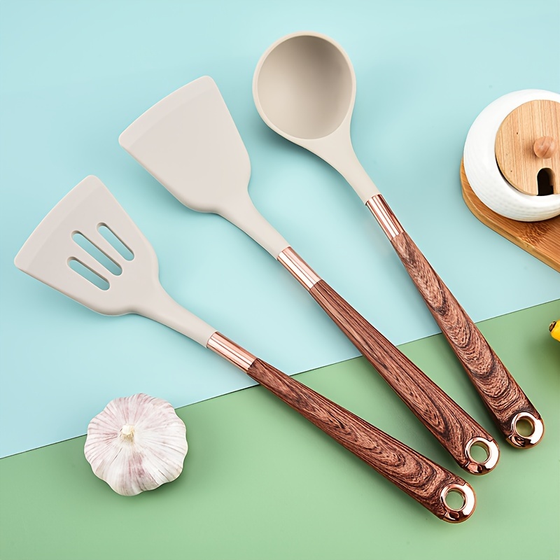 Silicone Kitchen Utensils Set With Wooden Handle, Multifunctional Kitchen  Spatulas, Spoon, Strainer Spoon, Oil Brush, Egg Brater, Cooking Tool Set, Kitchen  Supplies, Useful Tool, Kitchen Gadgets, Apartment Essentials, Ready For  School 