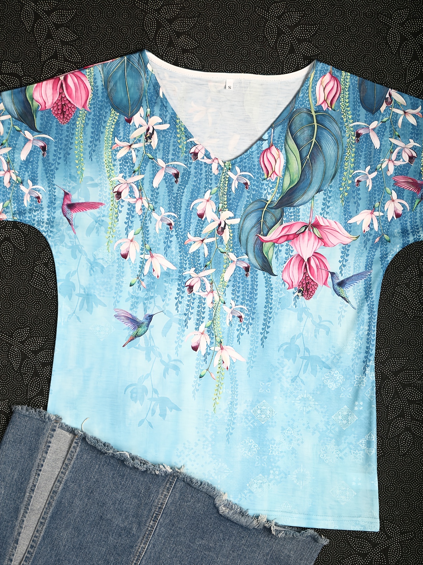 Amoretu Women's V-Neck T-Shirt - Floral Print Short Sleeve Top | Soft Stretch Casual Tee For Spring & Summer