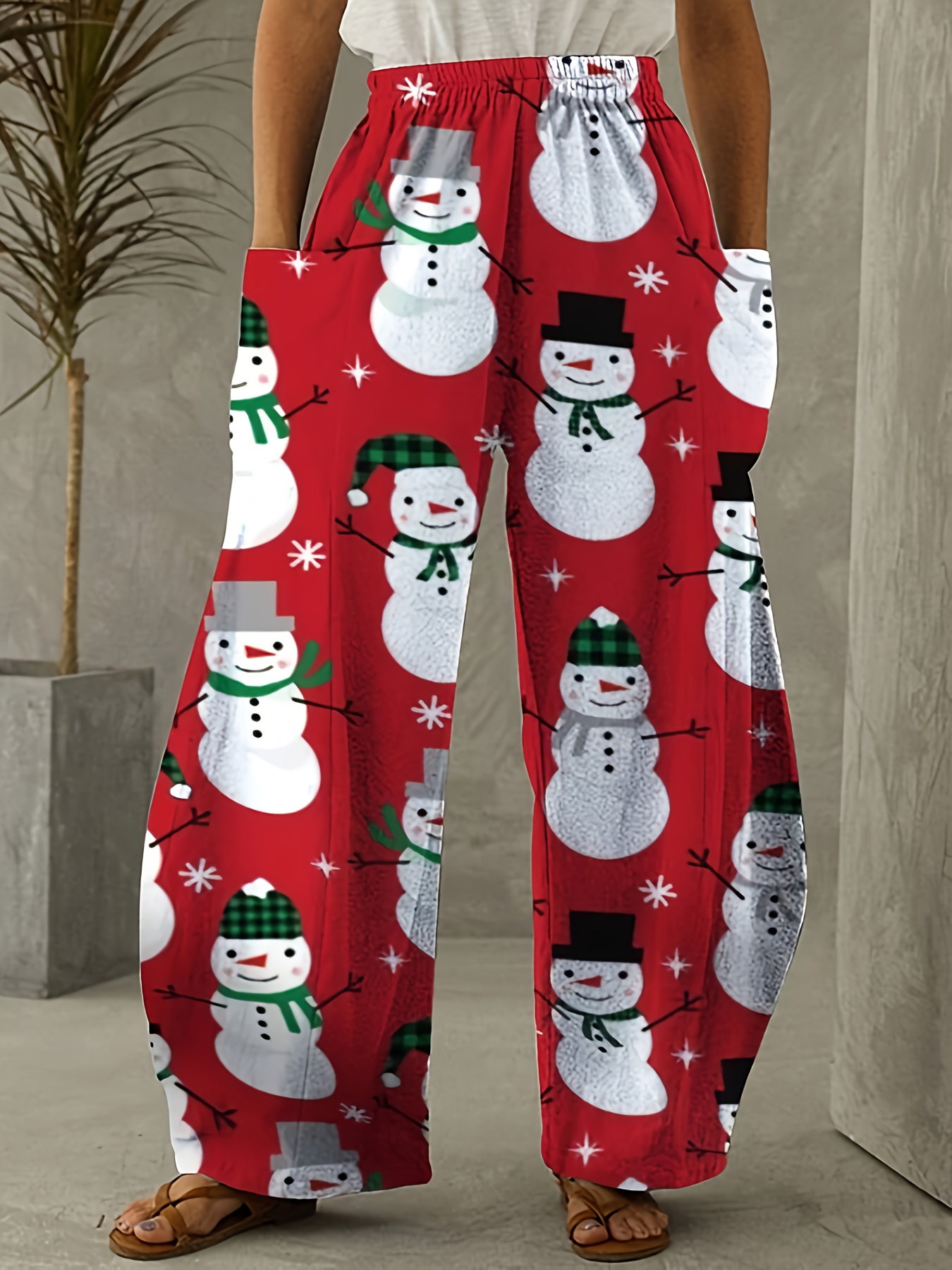 Christmas Snowman Print Loose Pants Casual Elastic Waist - Temu Canada