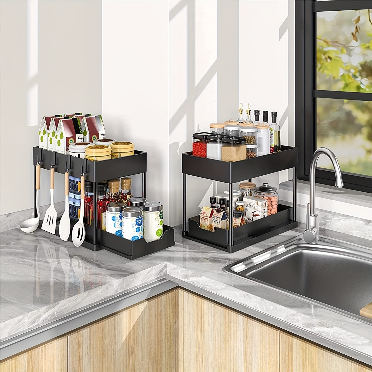 Under Sink Organizers and Storage, Double Sliding Pull Out cabinet  organizer for Bathroom Organization and Storage 2 Tier Kitchen Sink  Organizer Under