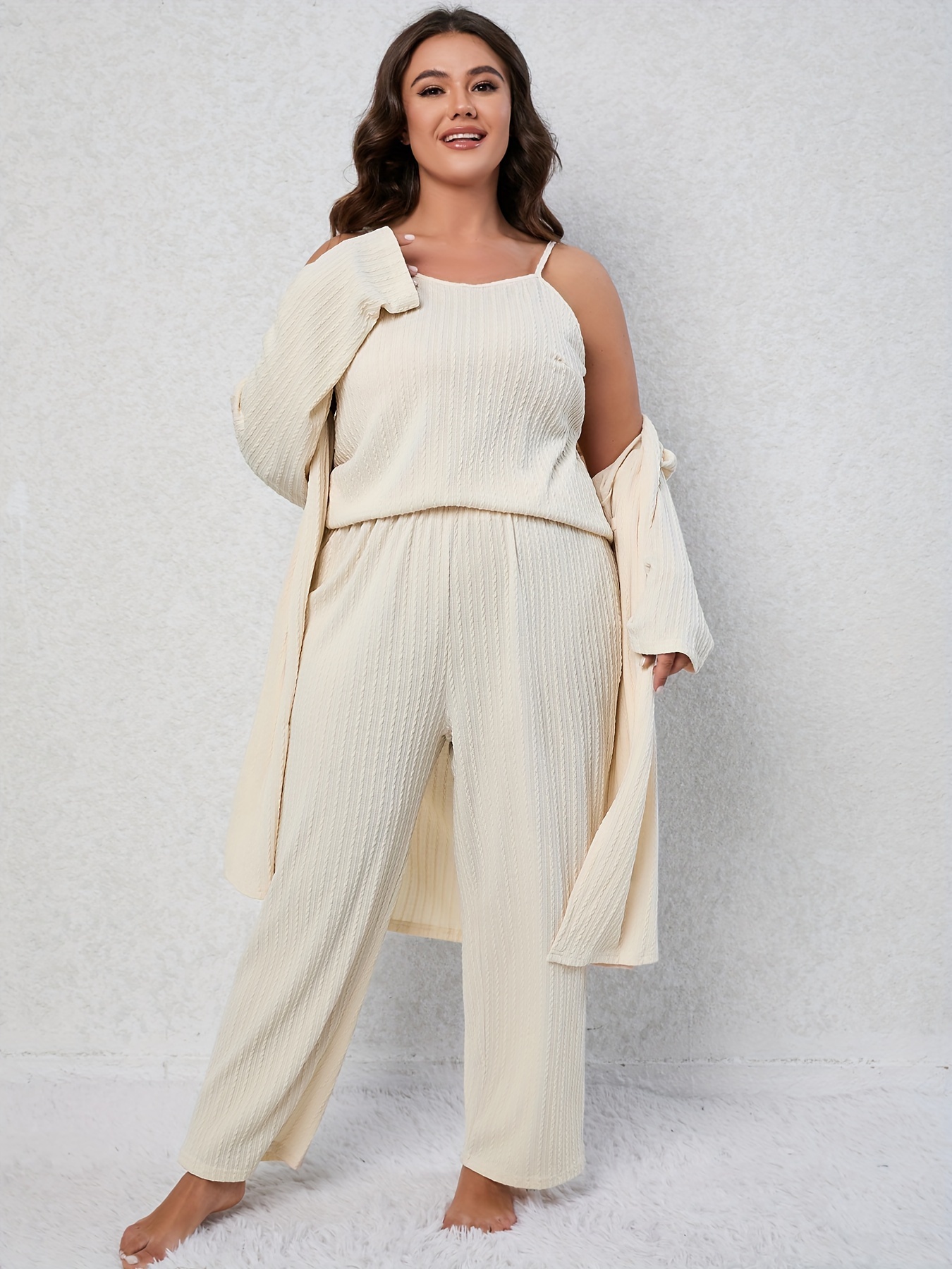 Plus Size Casual Lounge Set, Women's Plus Solid Textured Cami Top & Wide  Leg Pants & Open Front Robe Pajama Three Piece Set