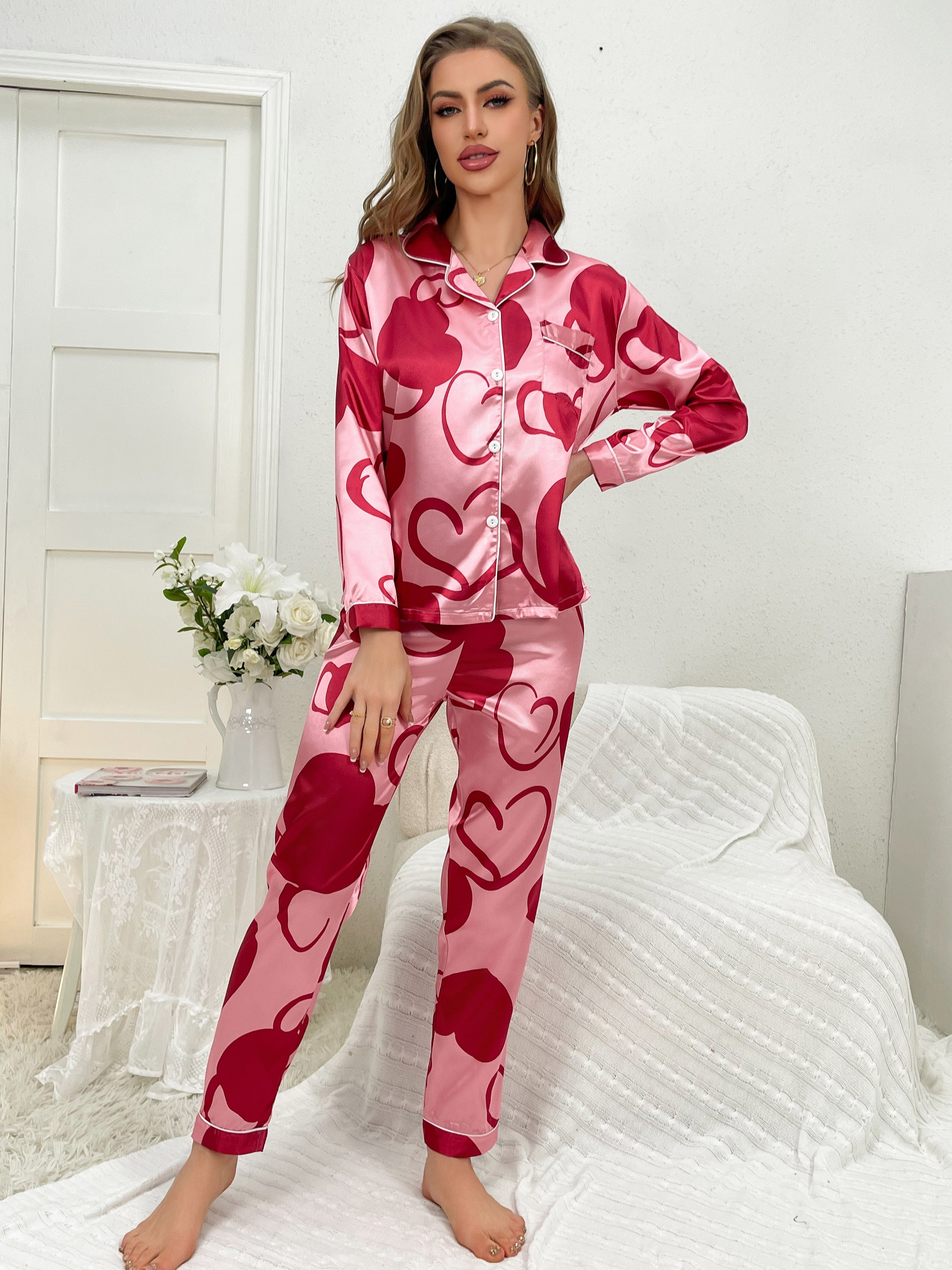 Casual Heart Print Satin Pajama Set Long Sleeve Button Up Lapel