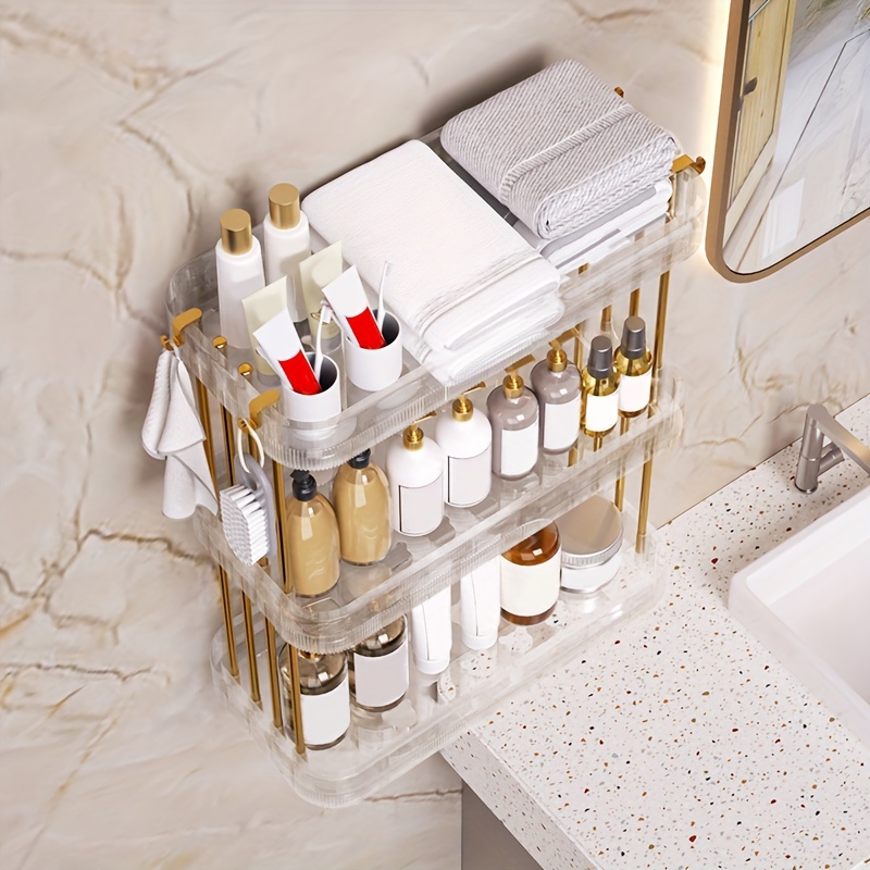 1pc White No Drill Storage Rack For Kitchen Spice Bottles, Bathroom Items  And Cosmetics, Wall Shelf For Toilet, Washstand