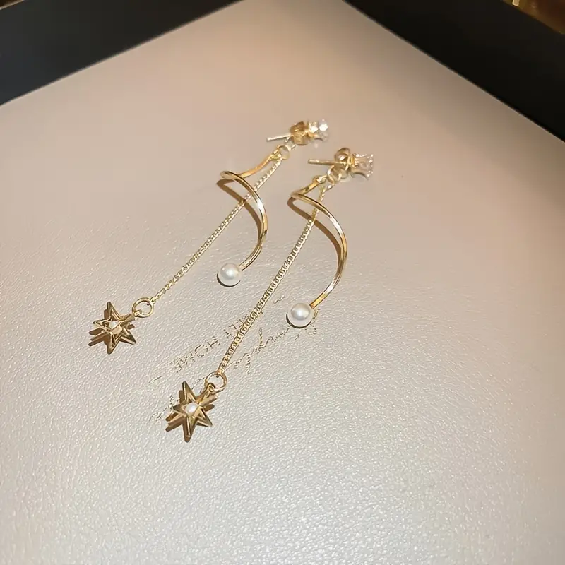 womens zircon faux pearl star tassel earrings jewelry gift details 2