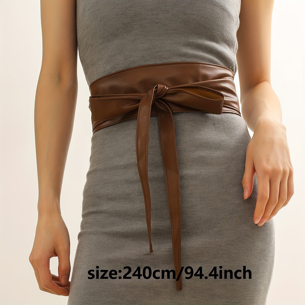 Dark brown leather obi belt for women dress - Wide wrap leather women's  belt with brown strap closed with pin.