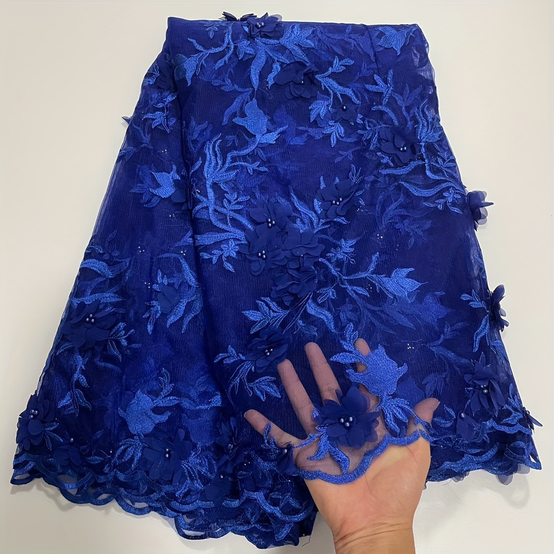 5yards Blue Colors 3d Flower Net Lace Fabrics Pearls Hot - Temu