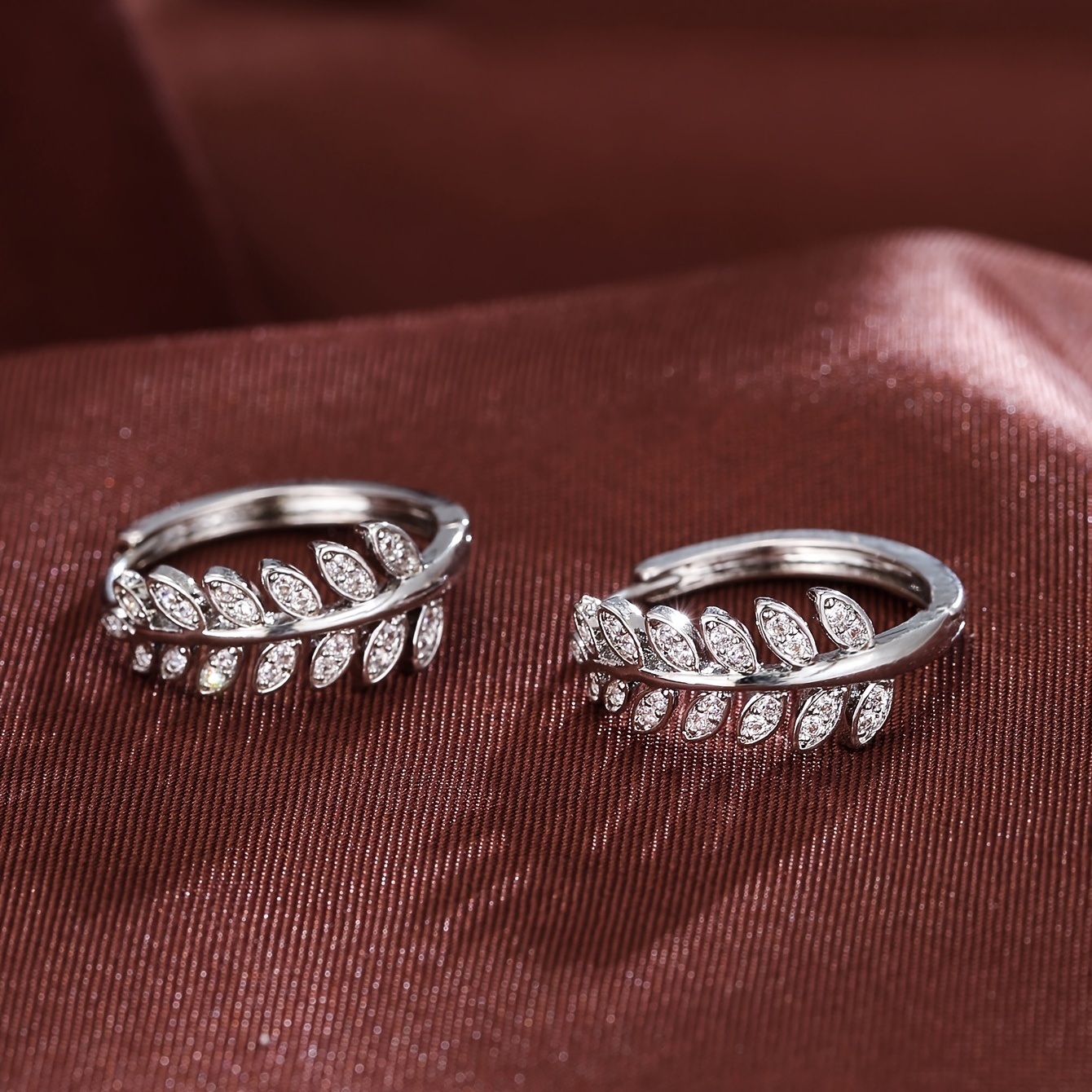 Leaf Shaped Hoop Huggie Earrings Inlaid Zircon